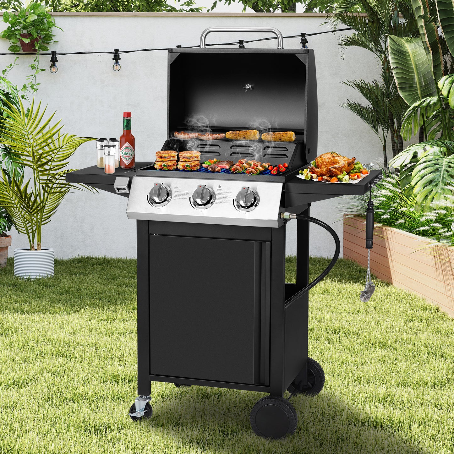 3 Burner Propane Gas Grill, 30,000 BTU Stainless Steel Barbecue Grill with Cleaning Brush and Thermometer, Outdoor Cooking BBQ Camping Grill