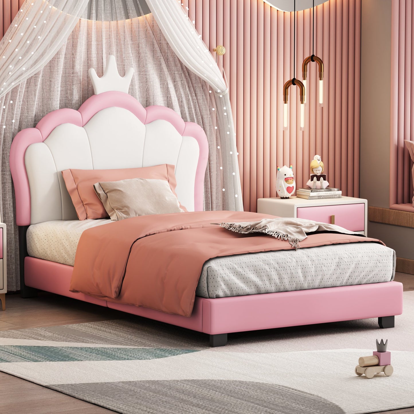 Sesslife Twin Size Bed Frame with PU Leather Crown HeadBoard, Comfy Upholstered Bed with Strong Slats Support, Wood Platform Bed Cute Kids Bed, Easy Assembly, No Box Spring Needed, Pink & White