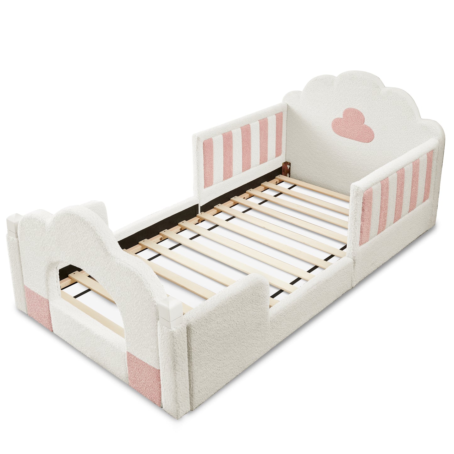 SESSLIFE Upholstered Twin Size Floor Bed with Cloud Headboard, Twin Platform Bed with Safety Guardrails, Solid Wood Frame, Low Profile Montessori Bed for Little Boys Girls, Sky Blue