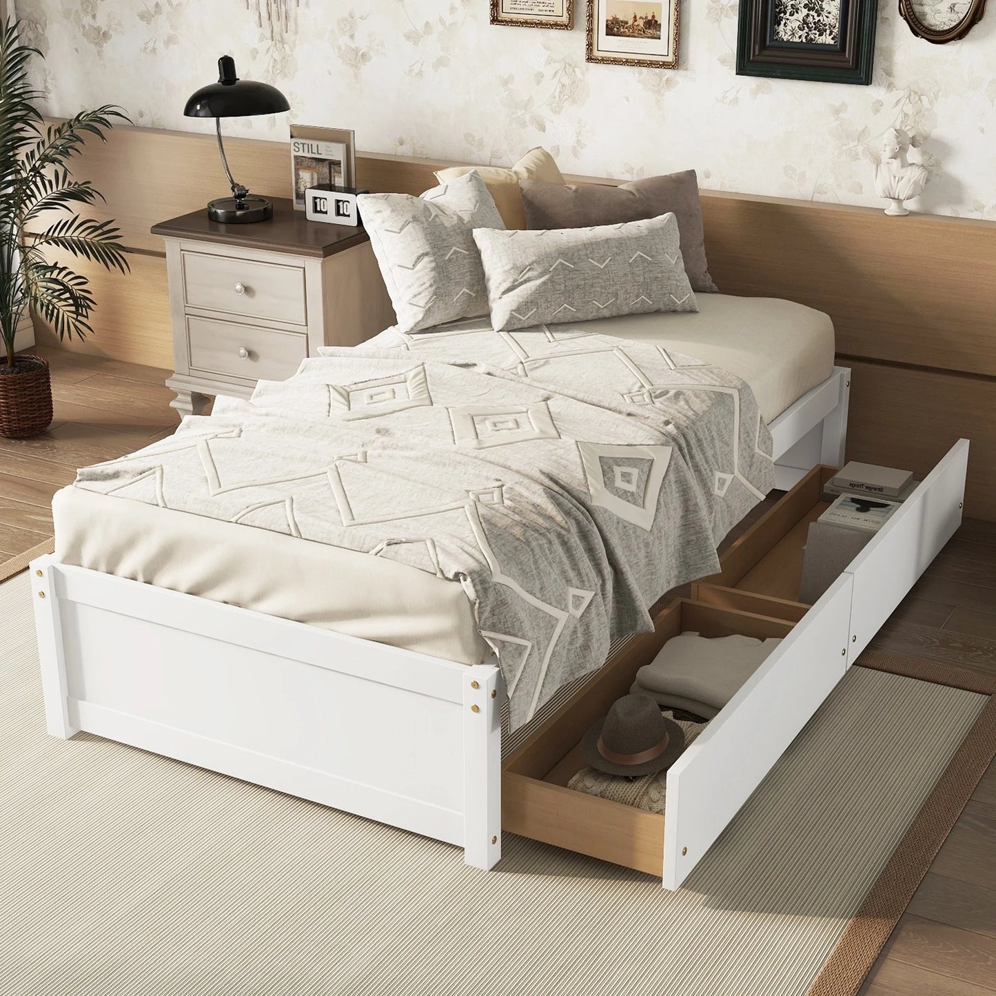 PORKISS Twin Bed for Kids with Storage Drawers, Upgrade Solid Wood Platform Bed, Kids Bed Furniture, No Box Spring Needed, White