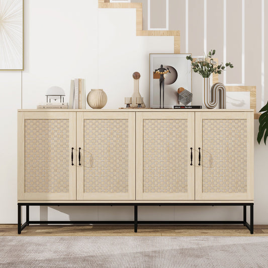 PORKISS Rattan Buffet Sideboard, Credenza Storage Cabinet with 4 Doors and Adjustable Shelve, Accent Cabinet for Dining Room, Kitchen, Living Room, Natural