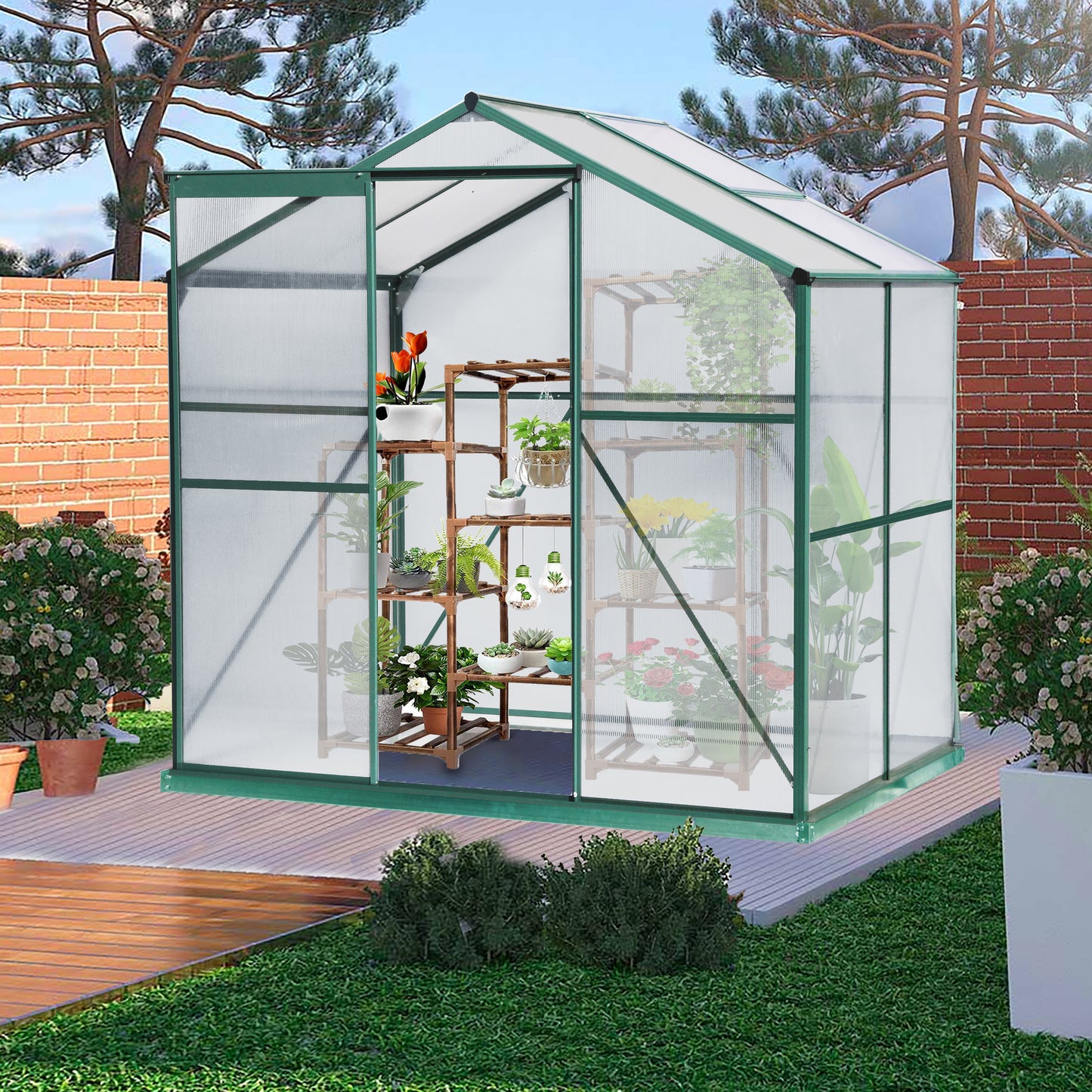 Walk in Greenhouse, Garden Greenhouse for Outdoors, Upgraded Polycarbonate Plant Greenhouse with Sliding Door, Adjustable Roof Ven