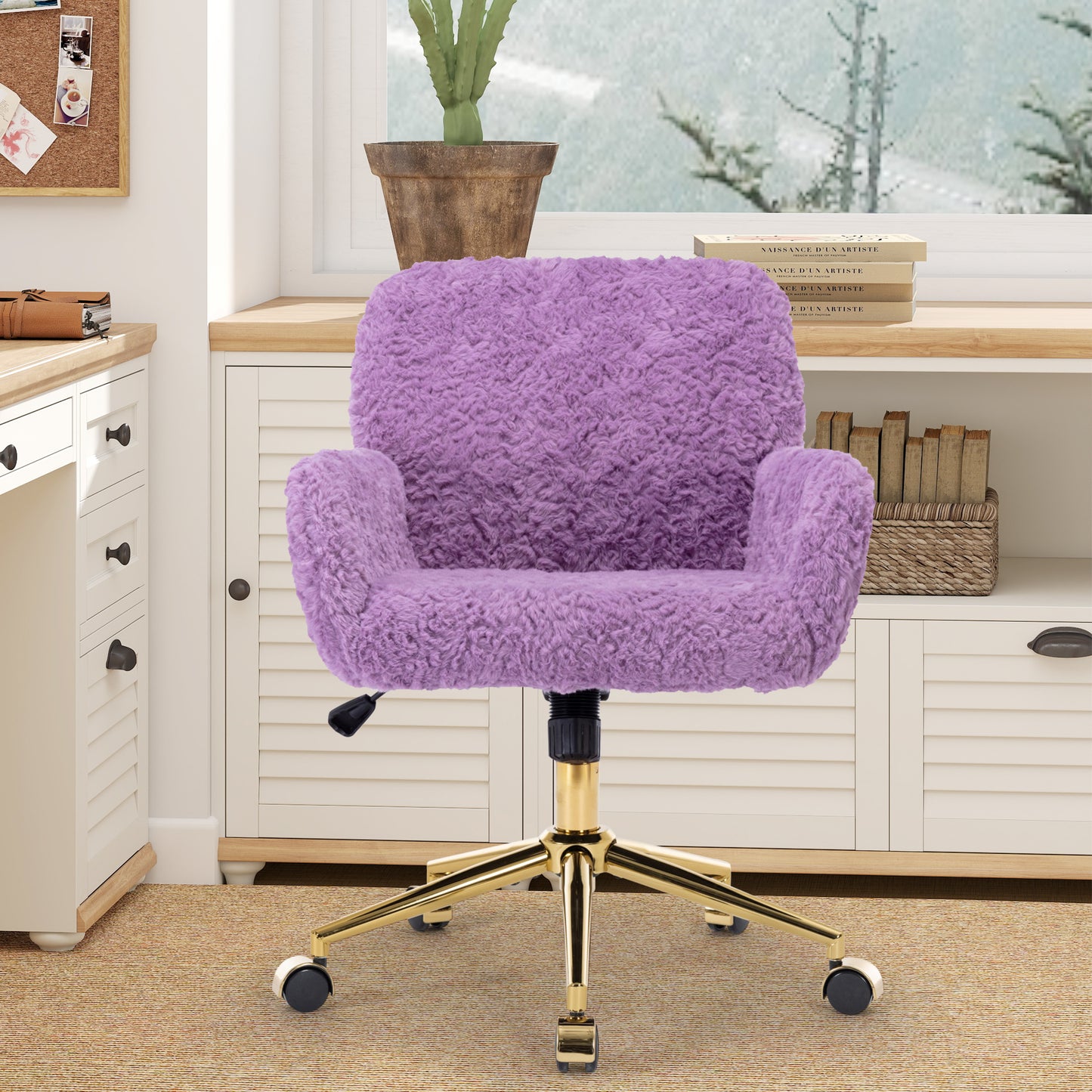 ENYOPRO Office Chair with Chrome Legs, Ergonomic Teddy Desk Chair Vanity Chair with Wheels, Modern Computer Chair for Home Office, White
