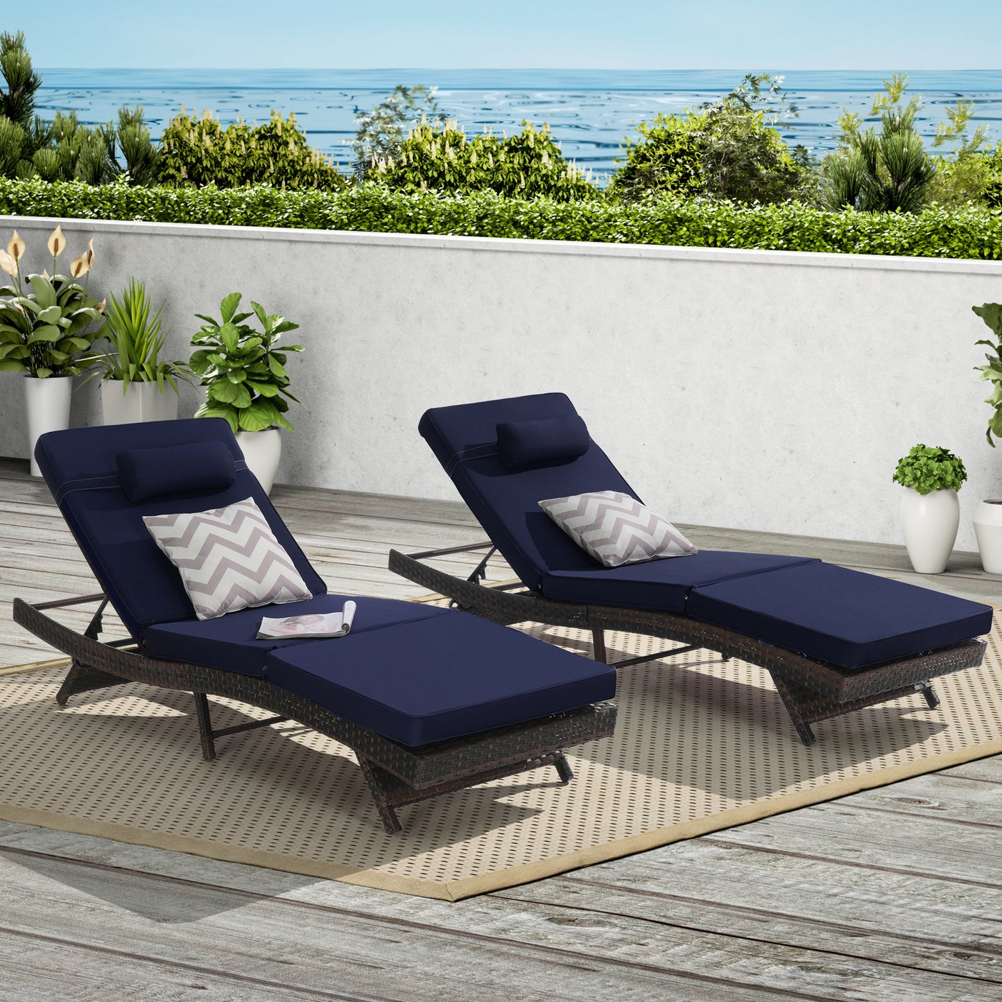 Outdoor Chaise Lounge Chair Set of 2, Wicker Outdoor Lounger Recliner with Cushions and 5-Level Adjustment Backrest, Modern Patio Lounge Chair for Poolside, Garden, Dark Grey