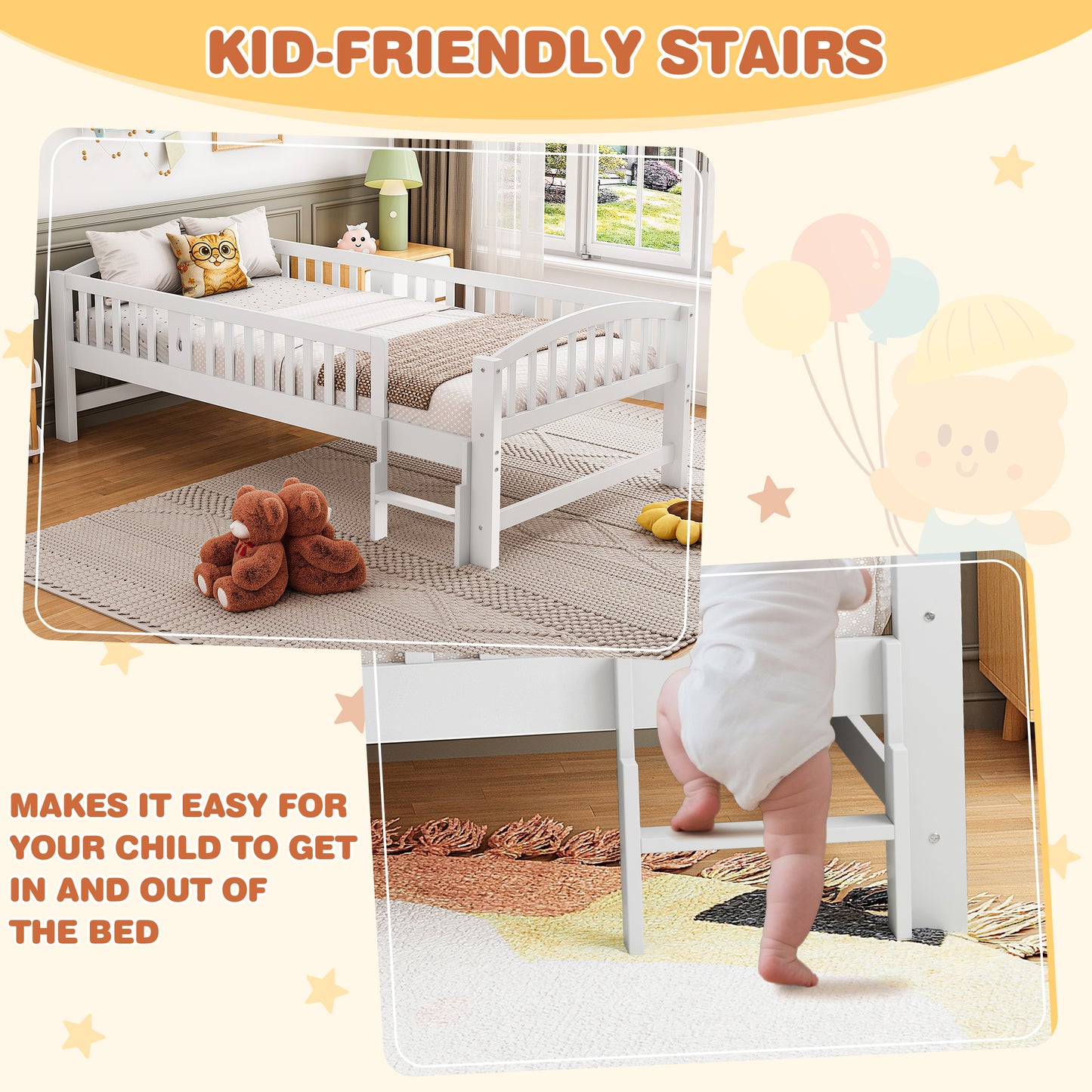 SESSLIFE Twin Size Platform Bed, Solid Wood Twin Bed Frame with Slats, Fence Guardrail Ladder, Twin Floor Bed with Strong Legs for Boys Girls, No Box Spring Needed, Holds 400 lbs, White