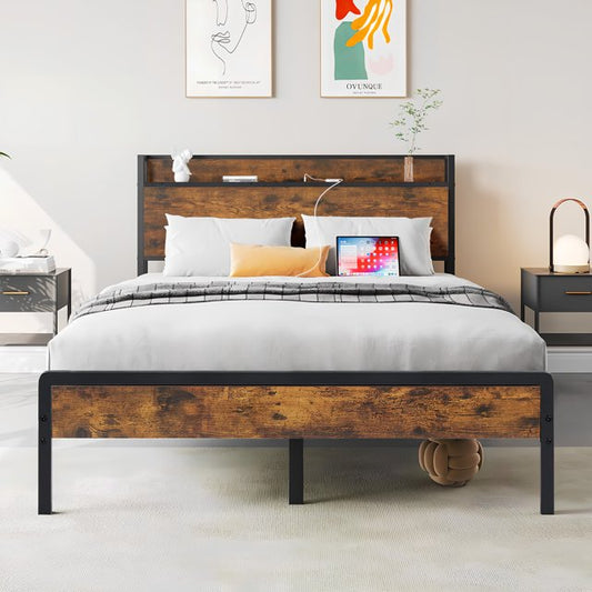 PORKISS Full Size Metal Platform Bed Frame with Storage Headboard, Rustic Vintage Full Bed Frame with 2 Standard Plug Outlets and 2 USB Ports, Rustic Brown