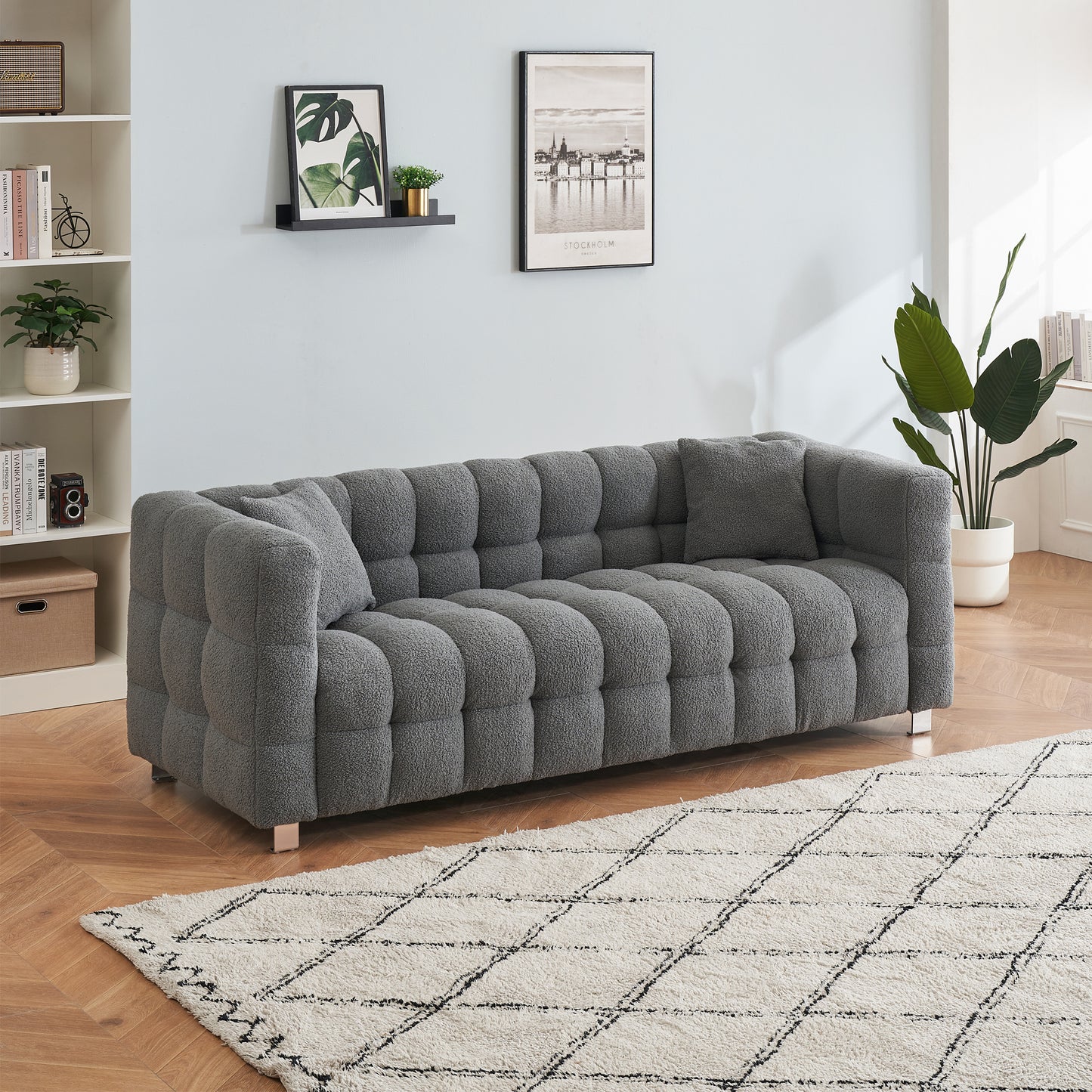 PORKISS 80" Sofa Couch for Living Room, Comfy Teddy Fleece Extra Deep Seat Couches with 2 Comfortable Pillows, Beige