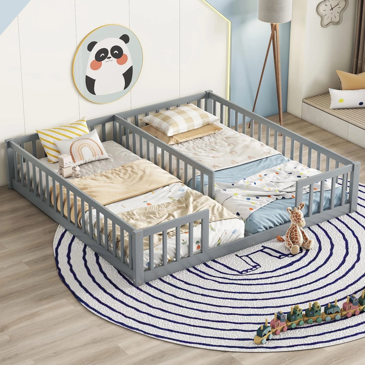 PORKISS Twin Size Floor Bed for Kids, Double Wood Montessori Bed Frame with Fence, White