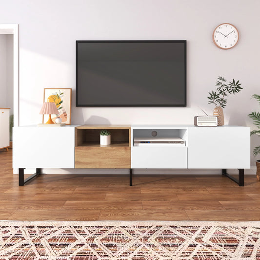 PORKISS TV Stand for 80 Inch TV, Modern Farmhouse TV Stand with 2 Cabinets and Open Storage Compartment, Home Entertainment Center, Wood+White