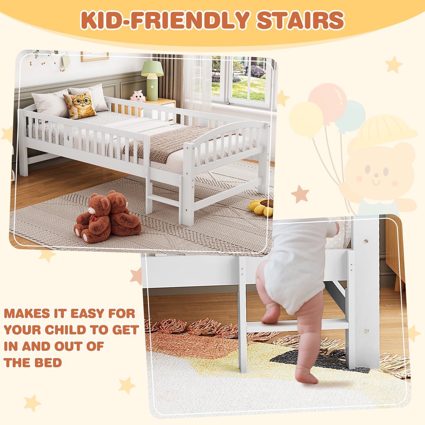 SESSLIFE Twin Size Platform Bed, Solid Wood Twin Bed Frame with Slats, Fence Guardrail Ladder, Twin Floor Bed with Strong Legs for Boys Girls, No Box Spring Needed, Holds 400 lbs, White