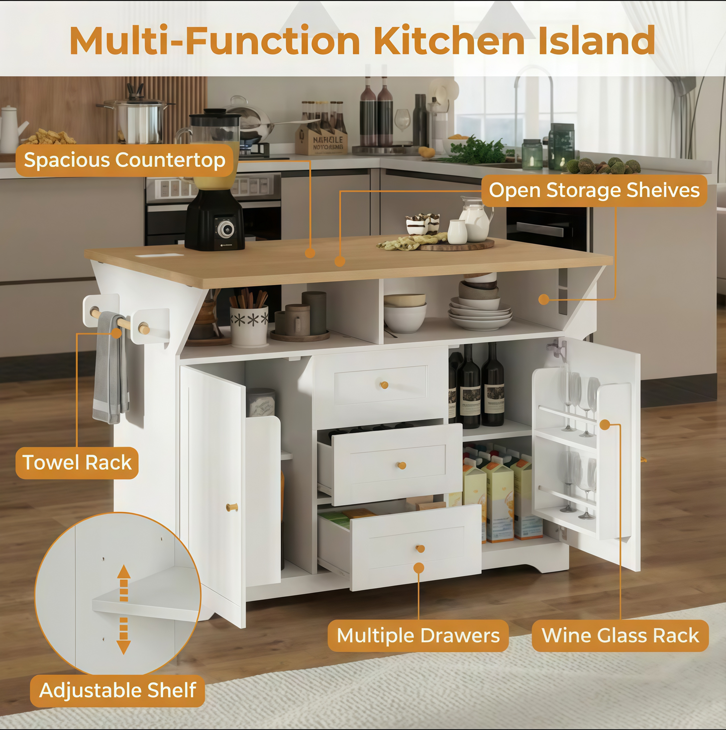 SESSLIFE Kitchen Island with Power Outlet, Large Rolling Kitchen Cart with Drop Leaf Table, Mobile Storage Kitchen Workstation with Drawers, White
