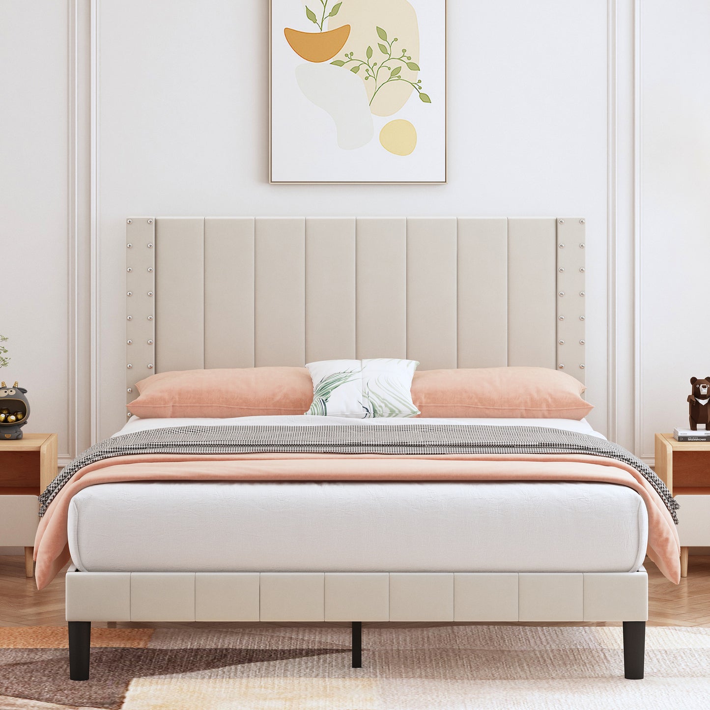 Full Bed Frame, Platform Bed Frame Full Size with Modern Flannelette Fabric Upholstered Headboard and Wooden Slats Support, Bedroom Furniture, No Box Spring Needed, Easy Assembly, Grey