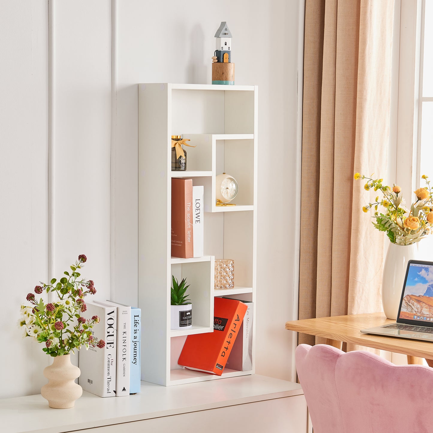 White Bookshelf, Wood Open Display Shelf with 5 Cubes and 2 Keyhole Hangers, Modern Bookcase Bookshelf for Home Office, Living Room