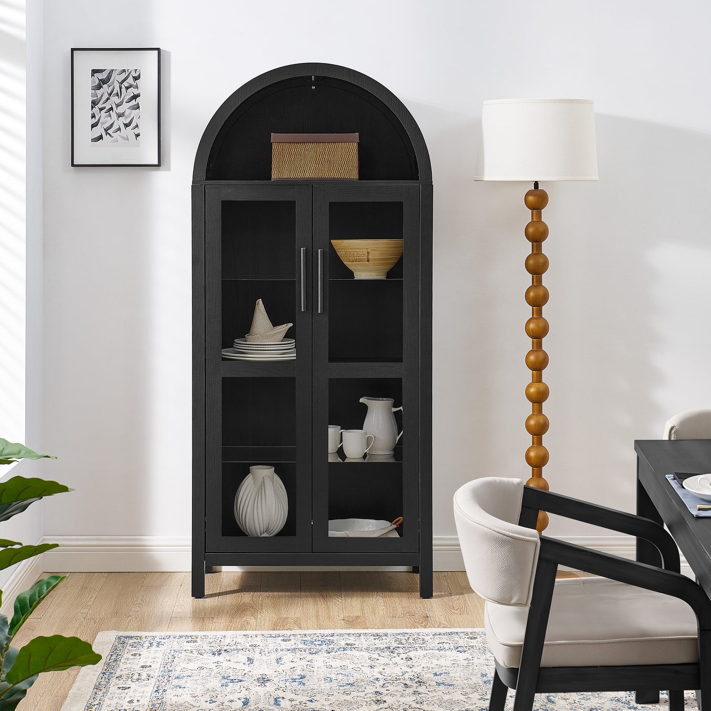 SESSLIFE 67" Arched Storage Cabinet with Light, Modern Wooden Cabinet with Adjustable Shelves, Multi-Functional Tall Kitchen Cabinet for Living Room, Black Freestanding Storage