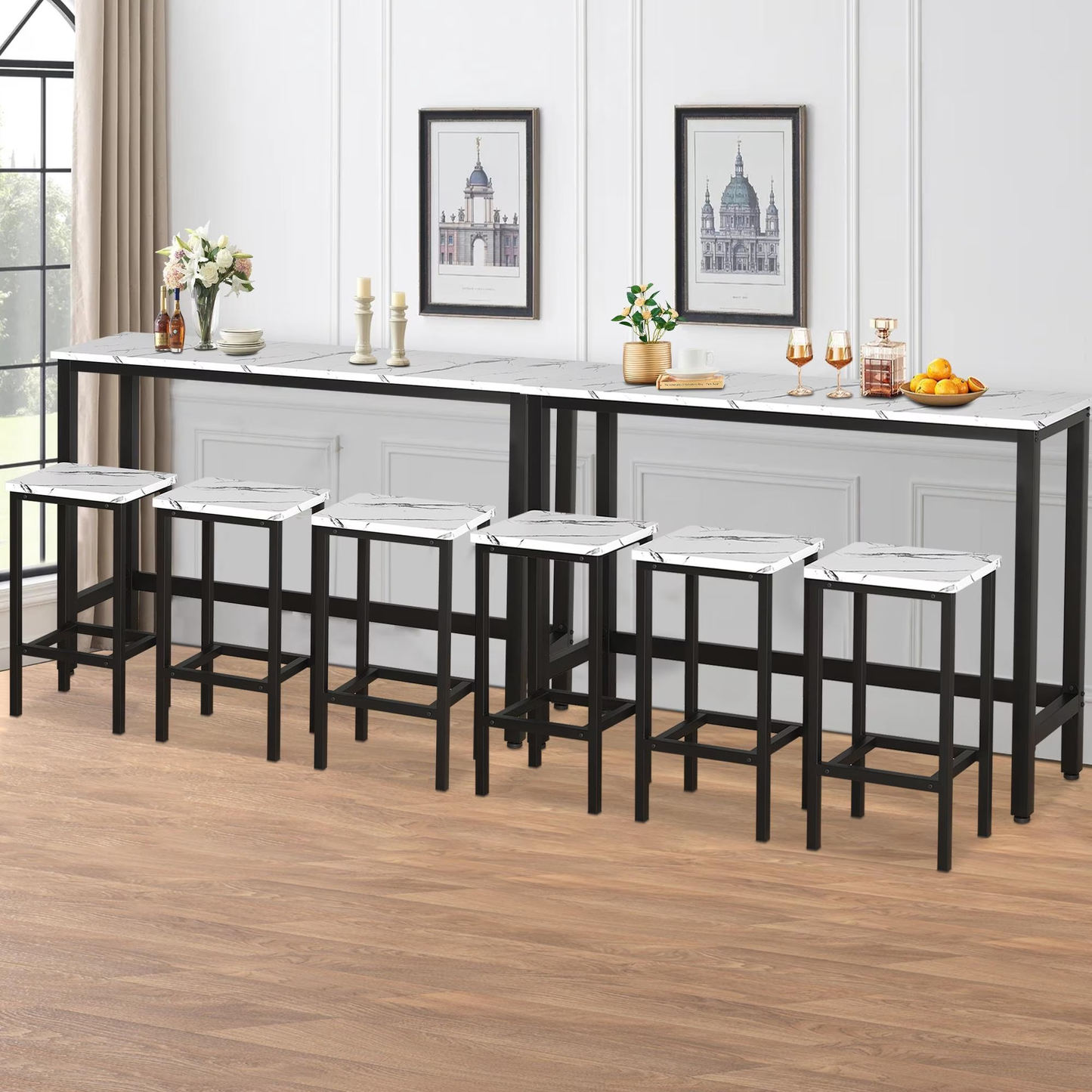Dining Table Set for 3, Modern Kitchen Table Set with 3 Stools, Extra Long Bar Table Set, Wooden Pub Table and Chairs Set, Saving Space Patio Restaurant Bistro Table Set, Gray, JA2869