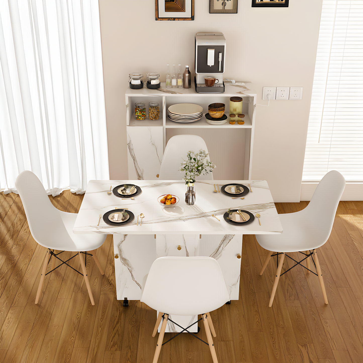 SESSLIFE Multifunctional Folding Dining Table for 4-6 People, Extendable Drop Leaf with Storage Shelf and Wheel for Kitchen and Apartment, Small Spaces, White