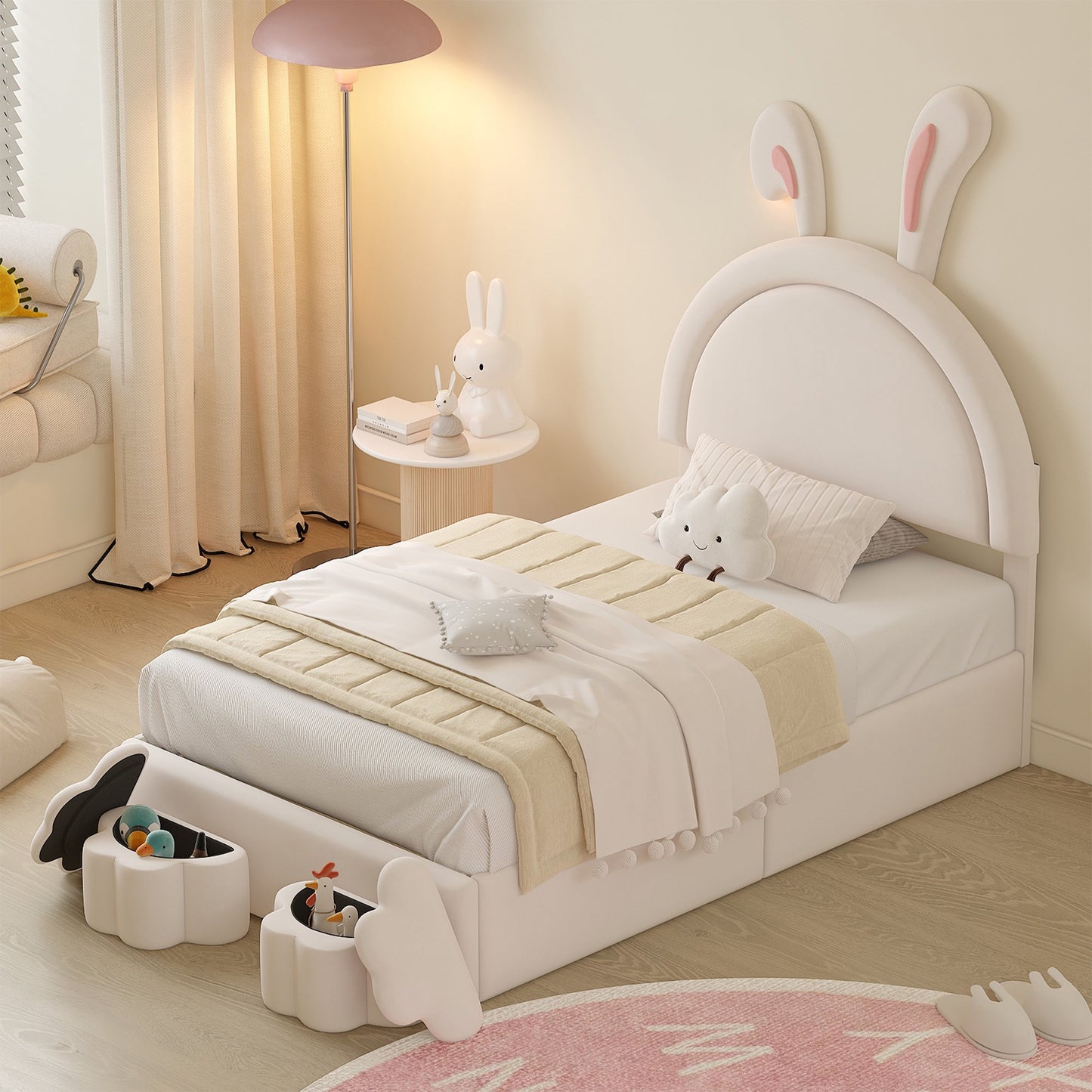 PORKISS Full Bed Frame with 2 Storage Stools, Velvet Upholstered Platform Bed with Rabbit-Shape Headboard for Kids Girls, White