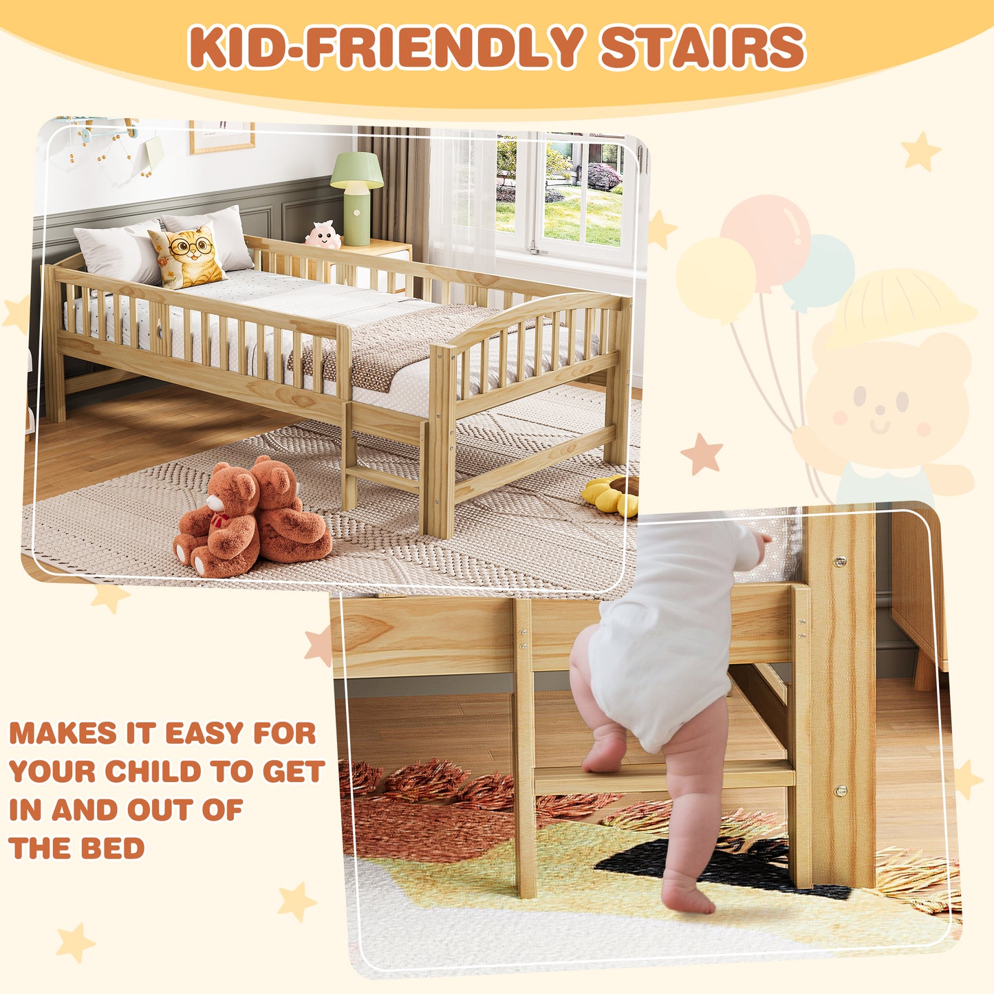 SESSLIFE Twin Size Platform Bed for Kids, Solid Wood Toddler Bed Frame with Slats, Fence Guardrail Ladder, Montessori Floor Bed for Boys Girls, No Box Spring Needed, Holds 400 lbs, Natural