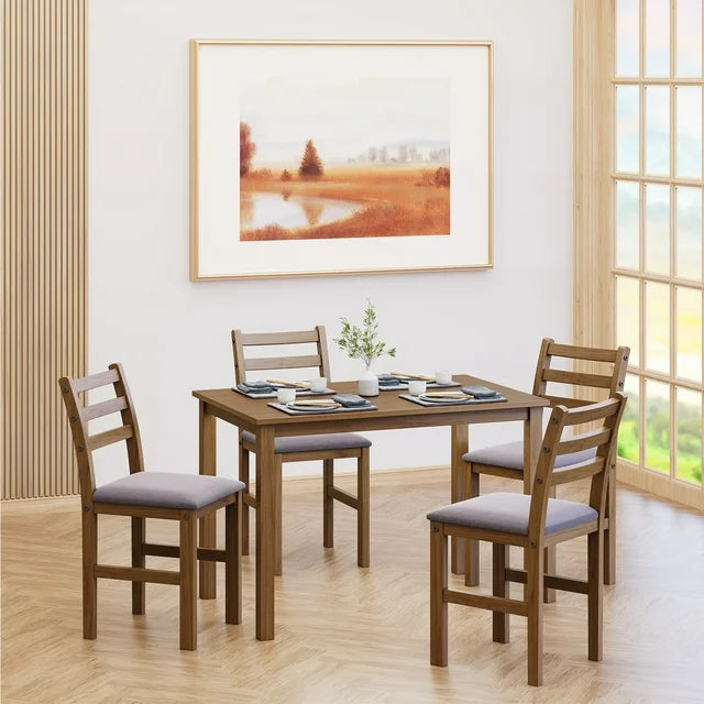 Sesslife 5PCS Dining Set for 4, Modern Dining Rectangle Table Set, Kitchen Table Set with 4 Upholstered Chairs, Wooden Dining Room Table with Ladder Back Design Chairs for Kitchen, Living Room, White