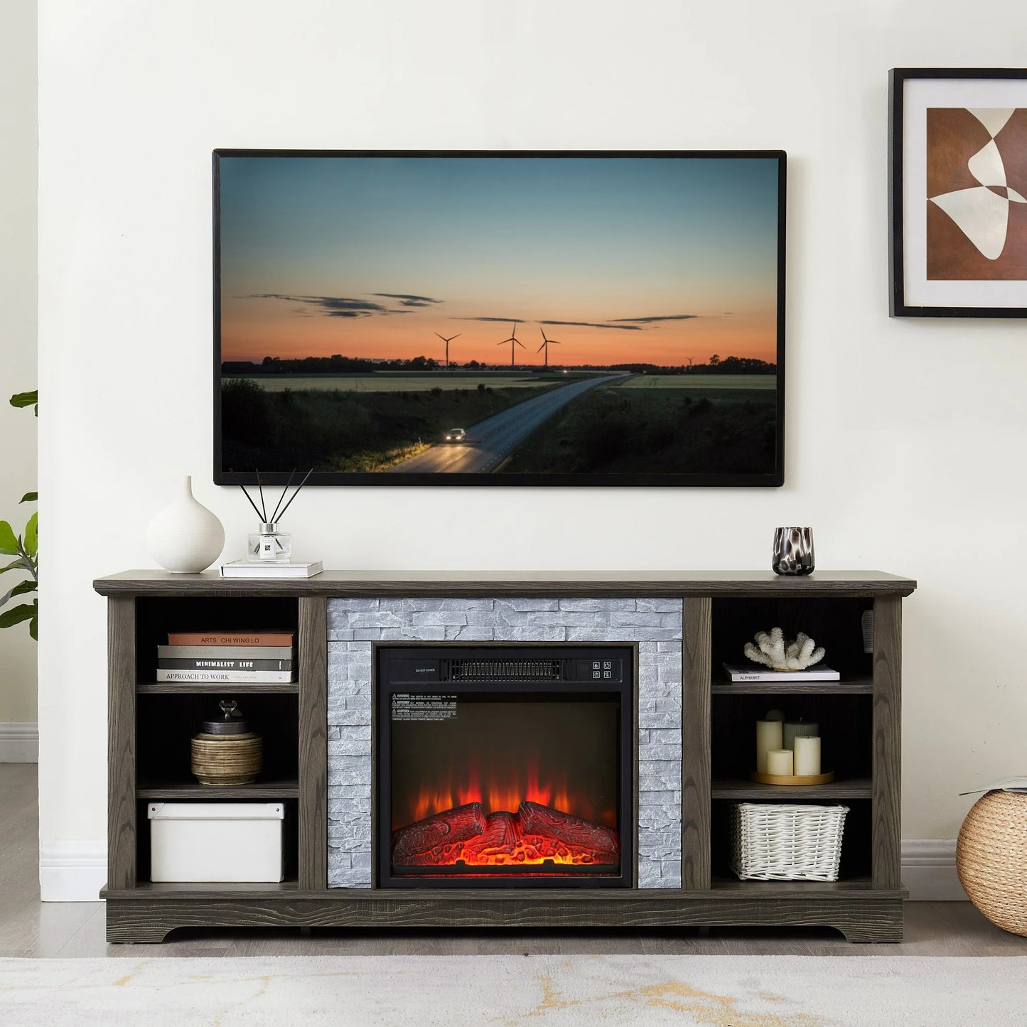 Sesslife Electric Fireplace TV Stand with Remote for 70" TVs, Farmhouse Media Entertainment Center with Faux Stacked Stone Surrounded for Living Room, Wood TV Console Table with Open Shelves, Cherry