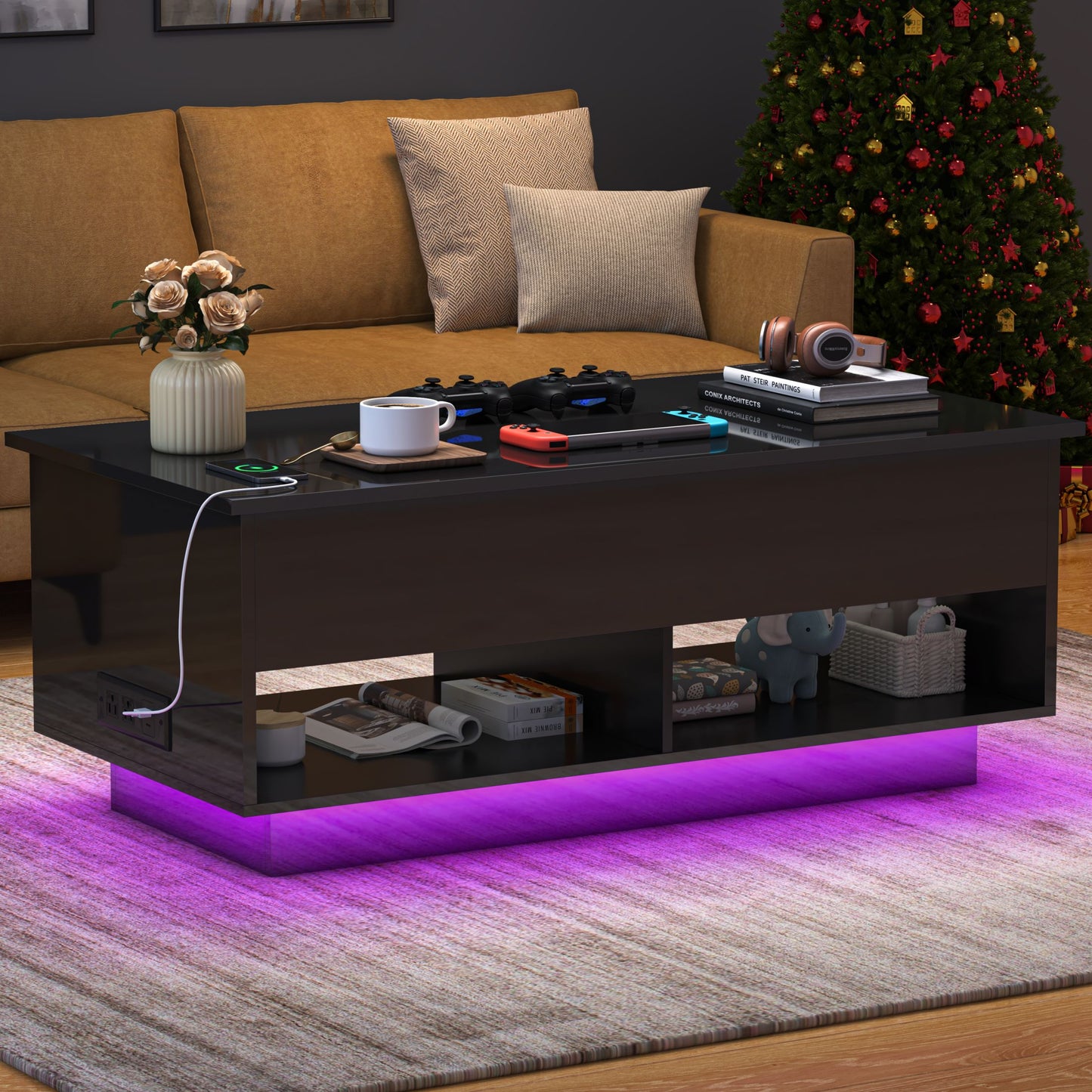 Sesslife LED Lift Top Coffee Table with Rising Top & Open Shelf, Rectangular Modern Center Table with Hidden Compartment and Charging Station, High Gloss Side End Table for Living Room, Black