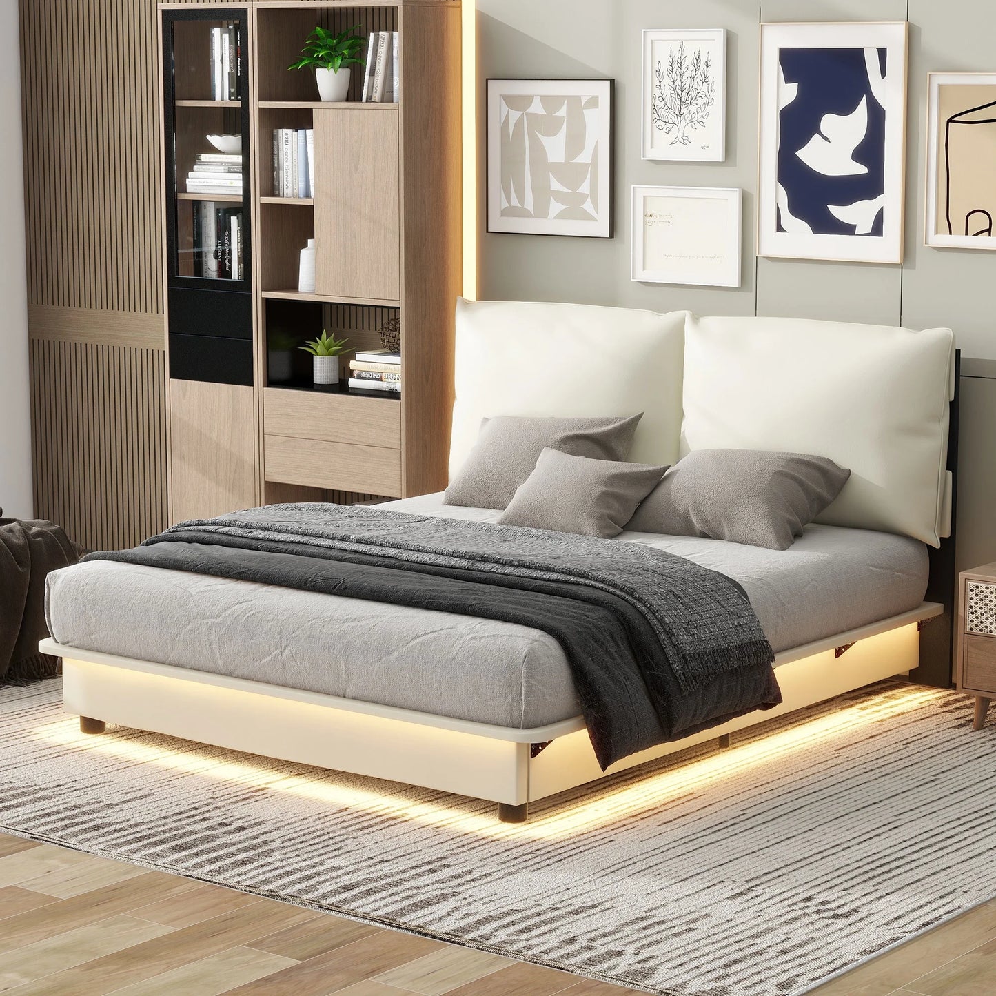 Sesslife Full Size Floating Bed Frame, Modern Upholstered Bed Frame with Smart Sensor Light, Sturdy Wood Platform Bed with Ergonomic Design Headboard, No Box Spring Needed, White