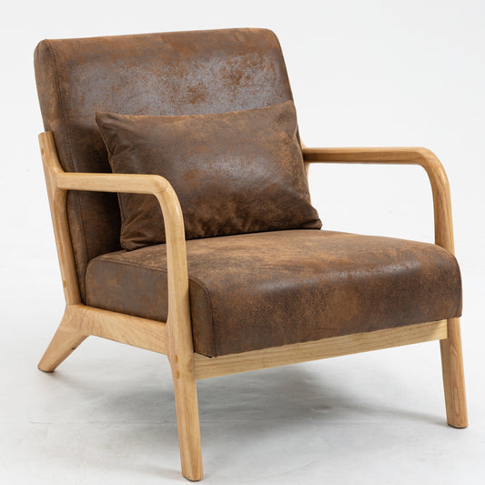 Accent Chair, Upholstered PU Armchair with Wood Frame, Mid Century Modern Living Room Chair with Waist Cushion, Reading Armchair for Bedroom, Sunroom, Brown