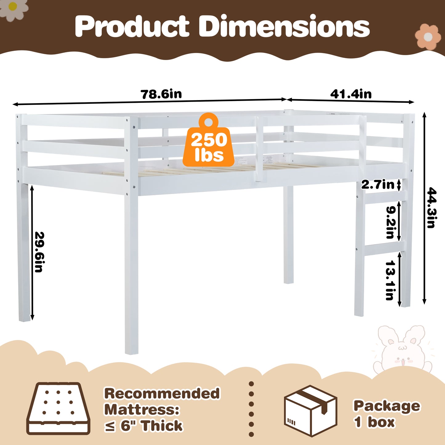Twin Loft Bed with Ladder and Guardrails for Boys Girls, SESSLIFE Low Height Solid Wood Bed Frame, Space Saving Loft Bed with Under Bed Reading Nook, Play Area, Storage Space, White