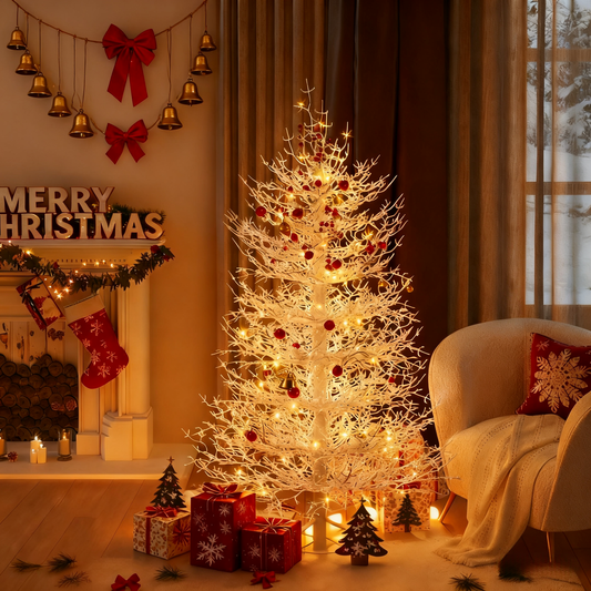 SESSLIFE 6FT Pre-lit Artificial Christmas Tree, Snow Flocked Coral Design with 420 Warm White LED Lights, Easy Assembly Hinged Tree for Home Holiday Decor, White