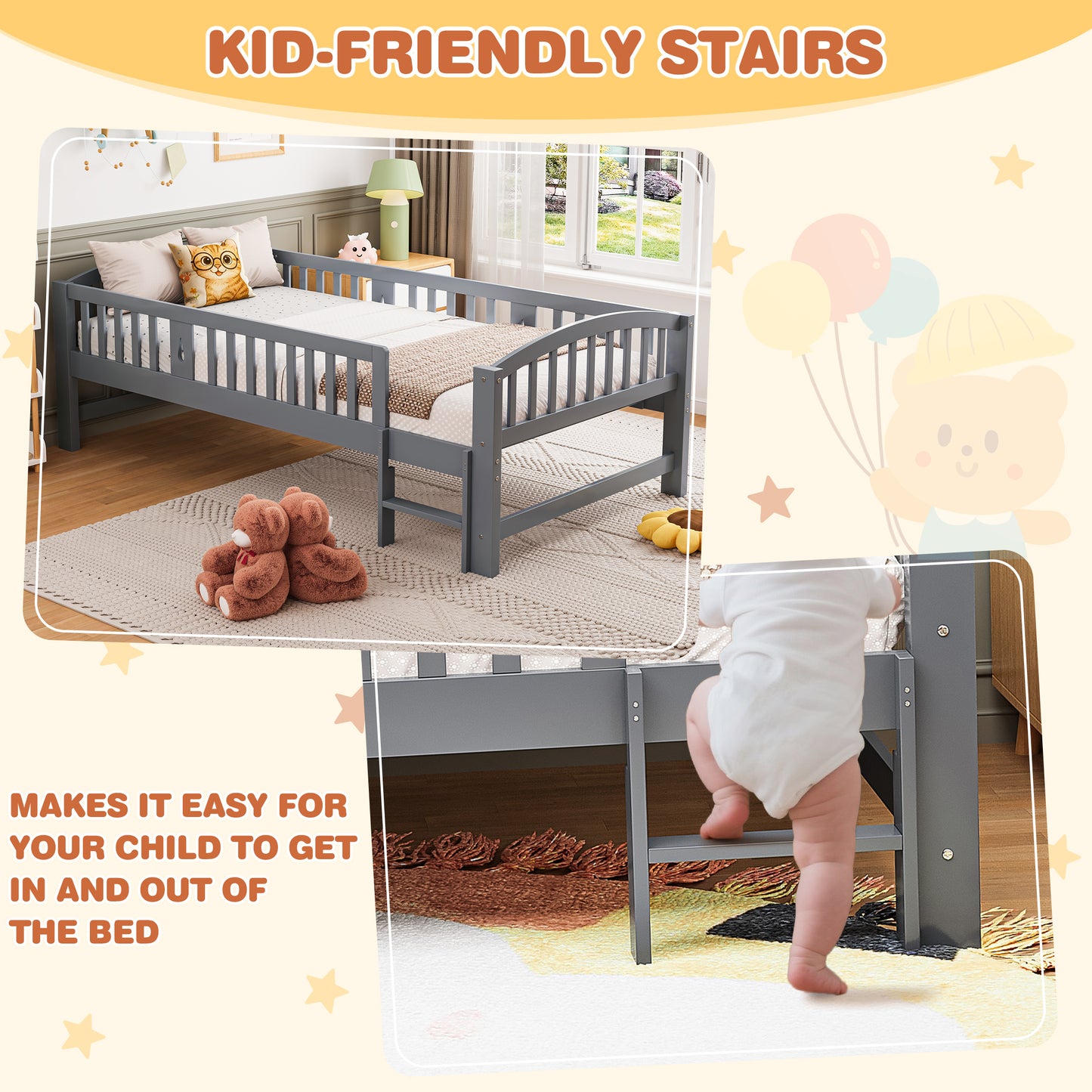 SESSLIFE Twin Size Platform Bed for Kids, Solid Wood Toddler Bed Frame with Slats, Fence Guardrail Ladder, Montessori Floor Bed for Boys Girls, No Box Spring Needed, Holds 400 lbs, Natural
