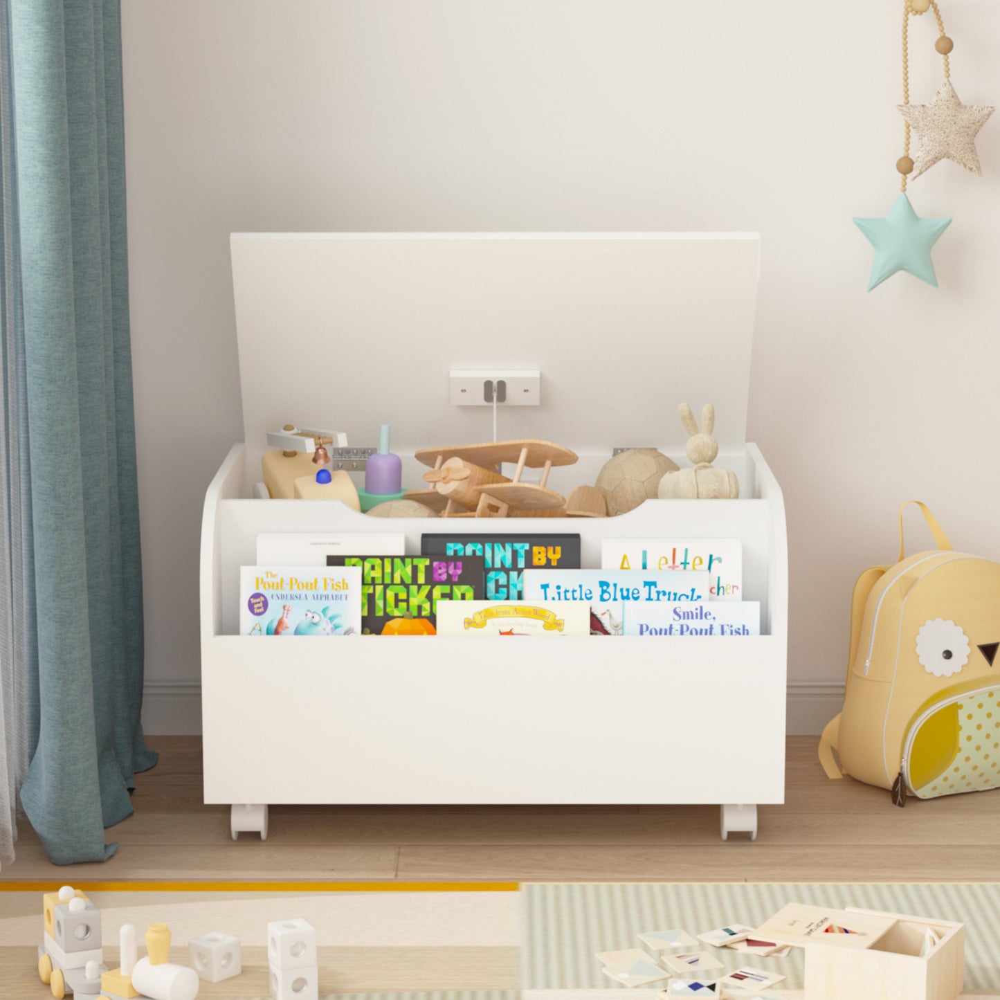 Kids Toy Box, Wooden Toy Storage Organizer for Boys Girls with Front Bookshelf, Flip-Top Lid, Safety Hinge, Modern Toy Chest Bench with 4 Legs for Playroom, Bedroom, White