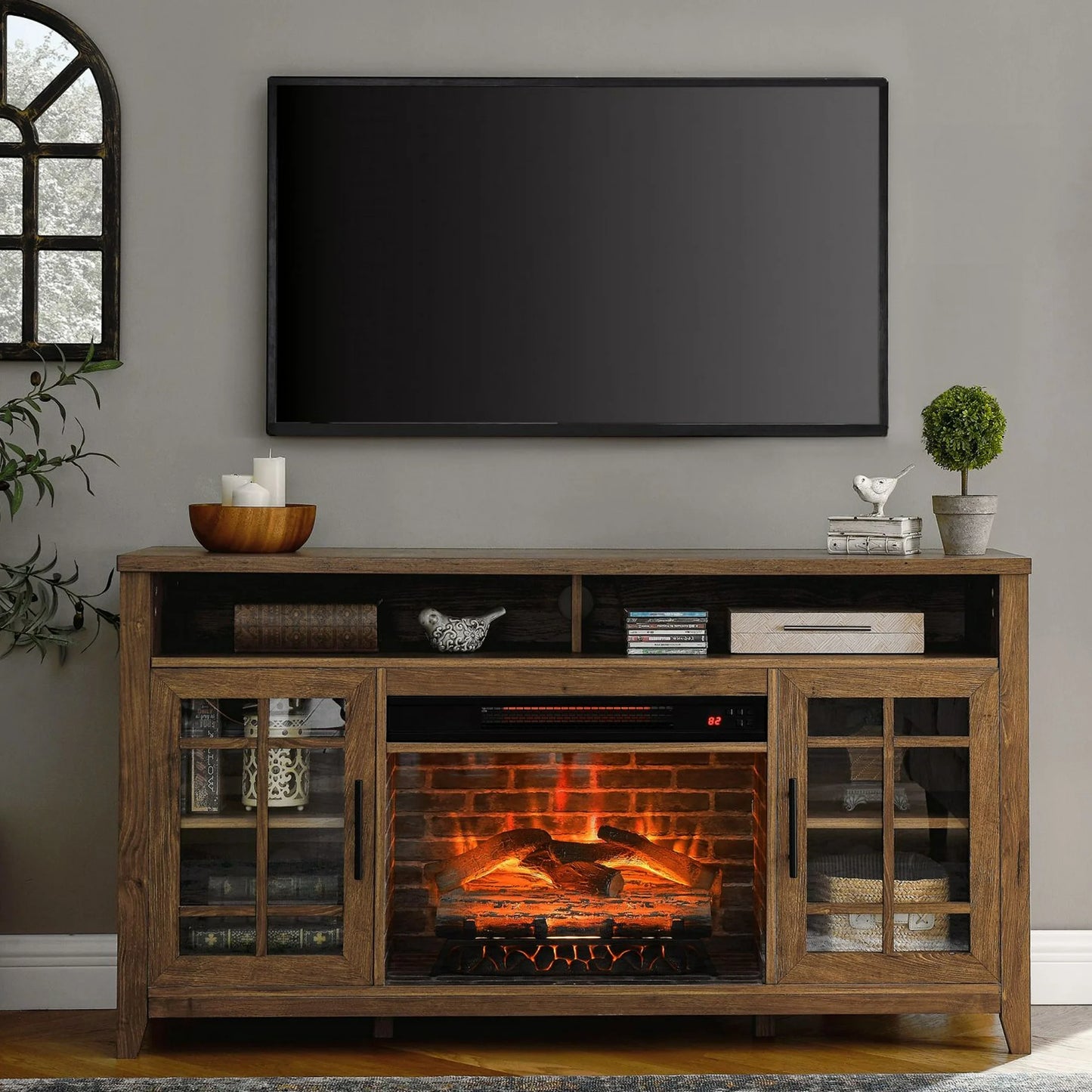 Sesslife Electric Fireplace TV Stand for 55" TV, Farmhouse TV Console Cabinet with LED Lights & Fireplace, Wood Entertainment Center with Adjustable Shelves & Storage Cabinets for Living Room, Gray
