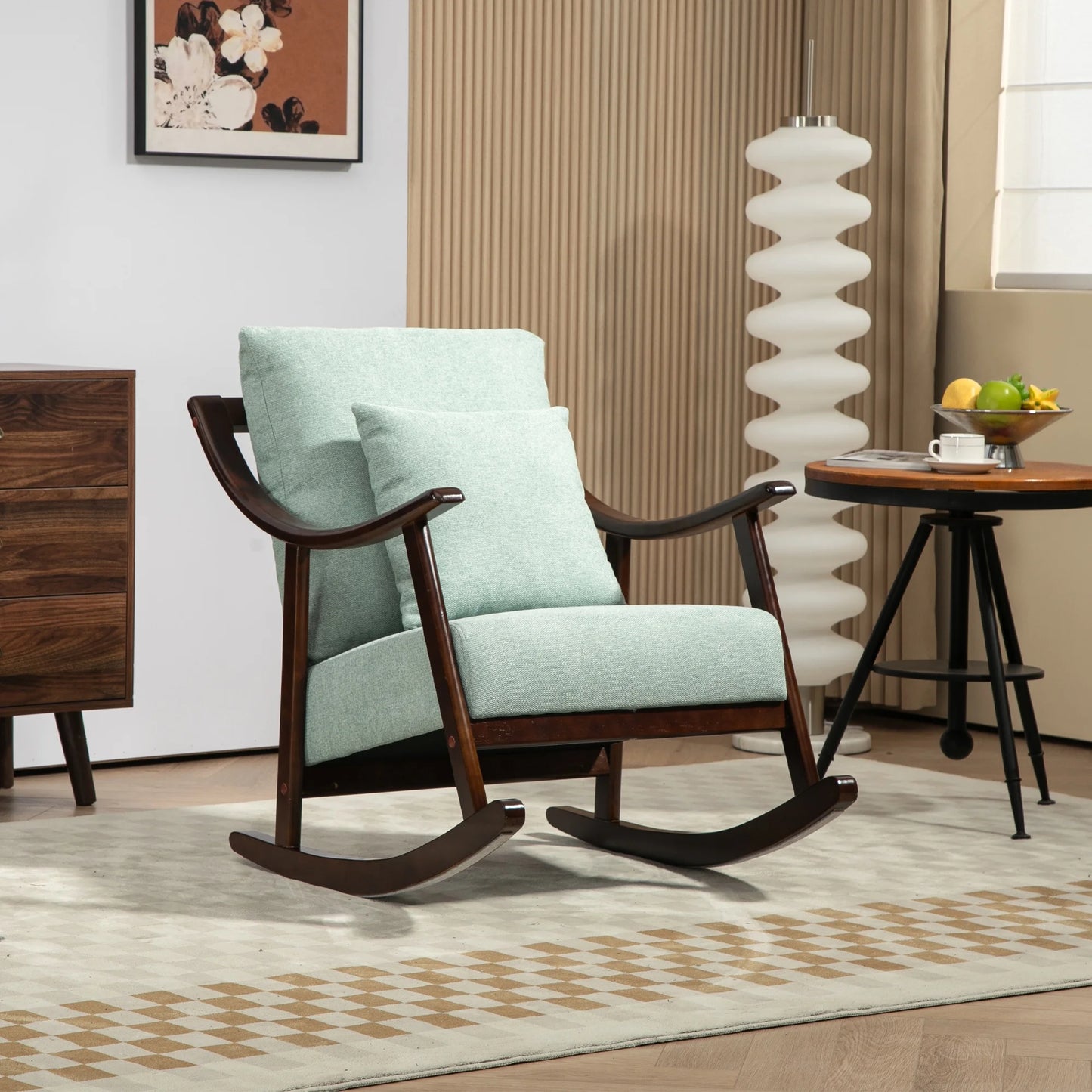 Modern Rocking Chair with Padded Lumbar Pillow, Mid-Century Accent Chairs with Solid Wood Frame for Living Room Bedroom Playroom, Brown