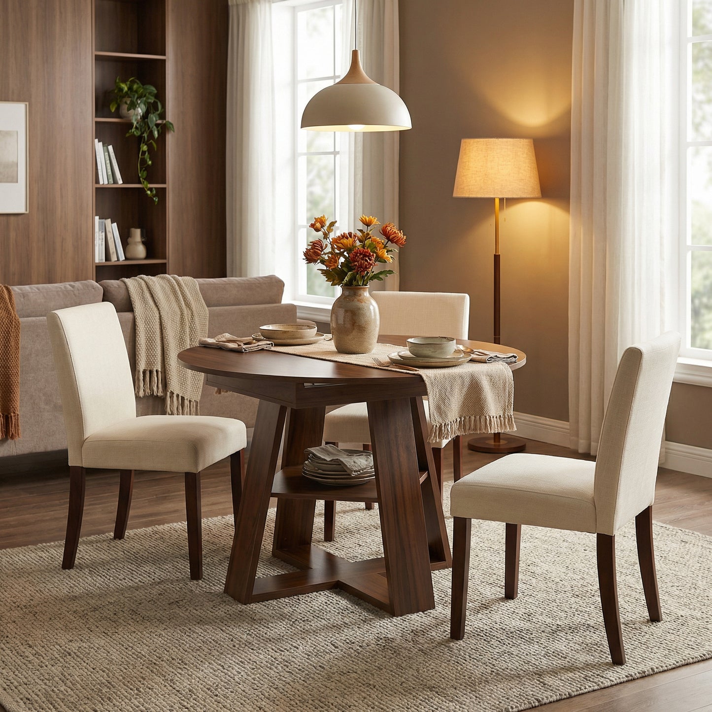 SESSLIFE Round Dining Table for 4, 47" Farmhouse Kitchen Table with Scratch-Resistant Thick Top, X-Shaped Steel Base, Adjustable Feet, 300 lb Capacity, 4-Step Assembly, Ancient Oak