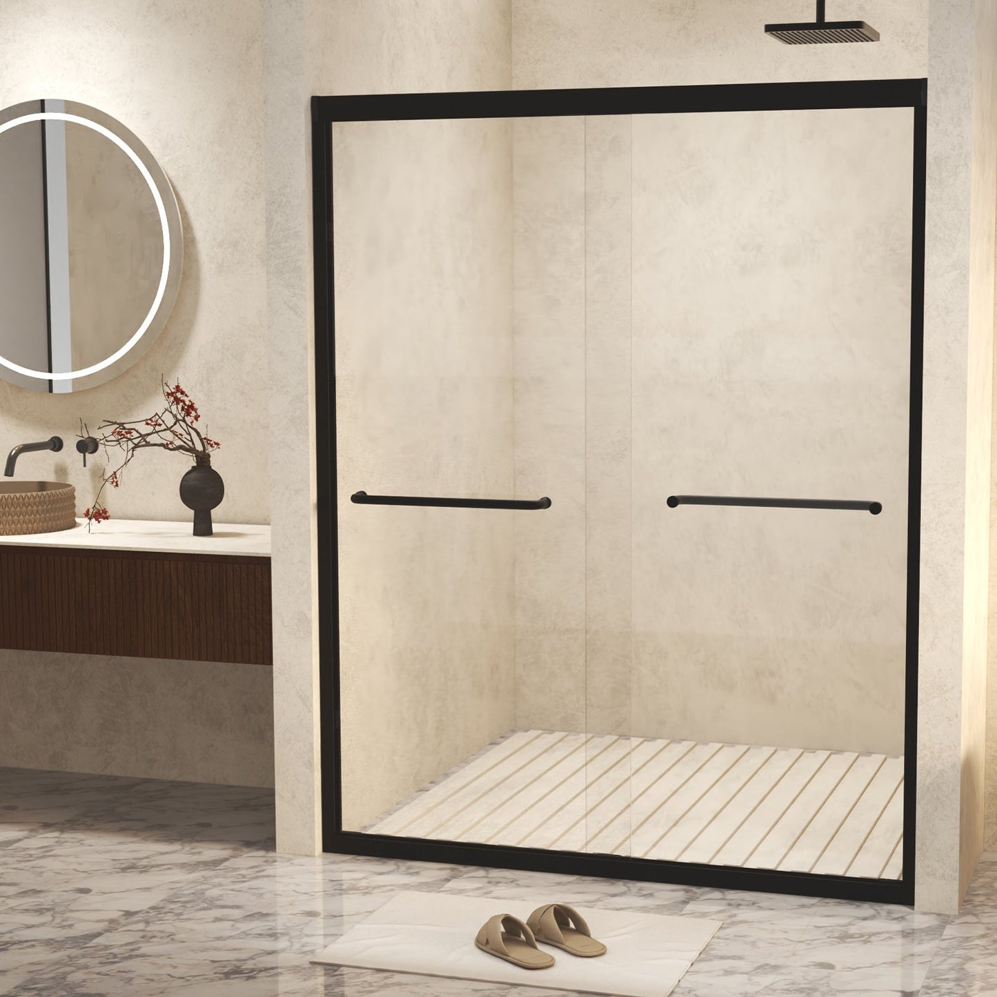 Sesslife 44-48 in W x 72 in H Double Sliding Shower Door with Aluminum Frame, Modern Tub Door with 1/4" (6 mm) Clear Tempered Glass and Stainless Steel Long Handles, SCGG Certified, Matte Black