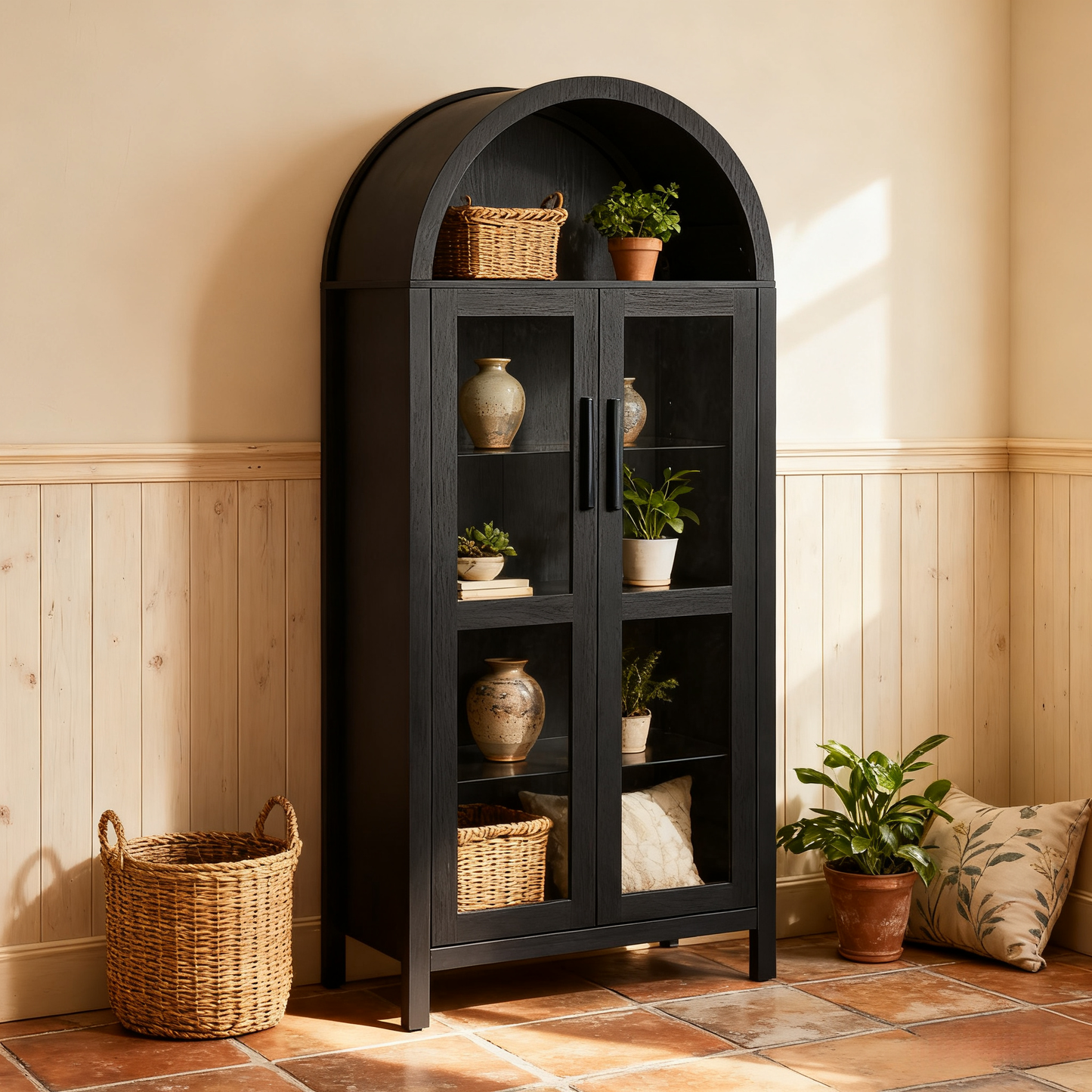 SESSLIFE 67" Arched Storage Cabinet with Light, Modern Wooden Cabinet with Adjustable Shelves, Multi-Functional Tall Kitchen Cabinet for Living Room, Black Freestanding Storage