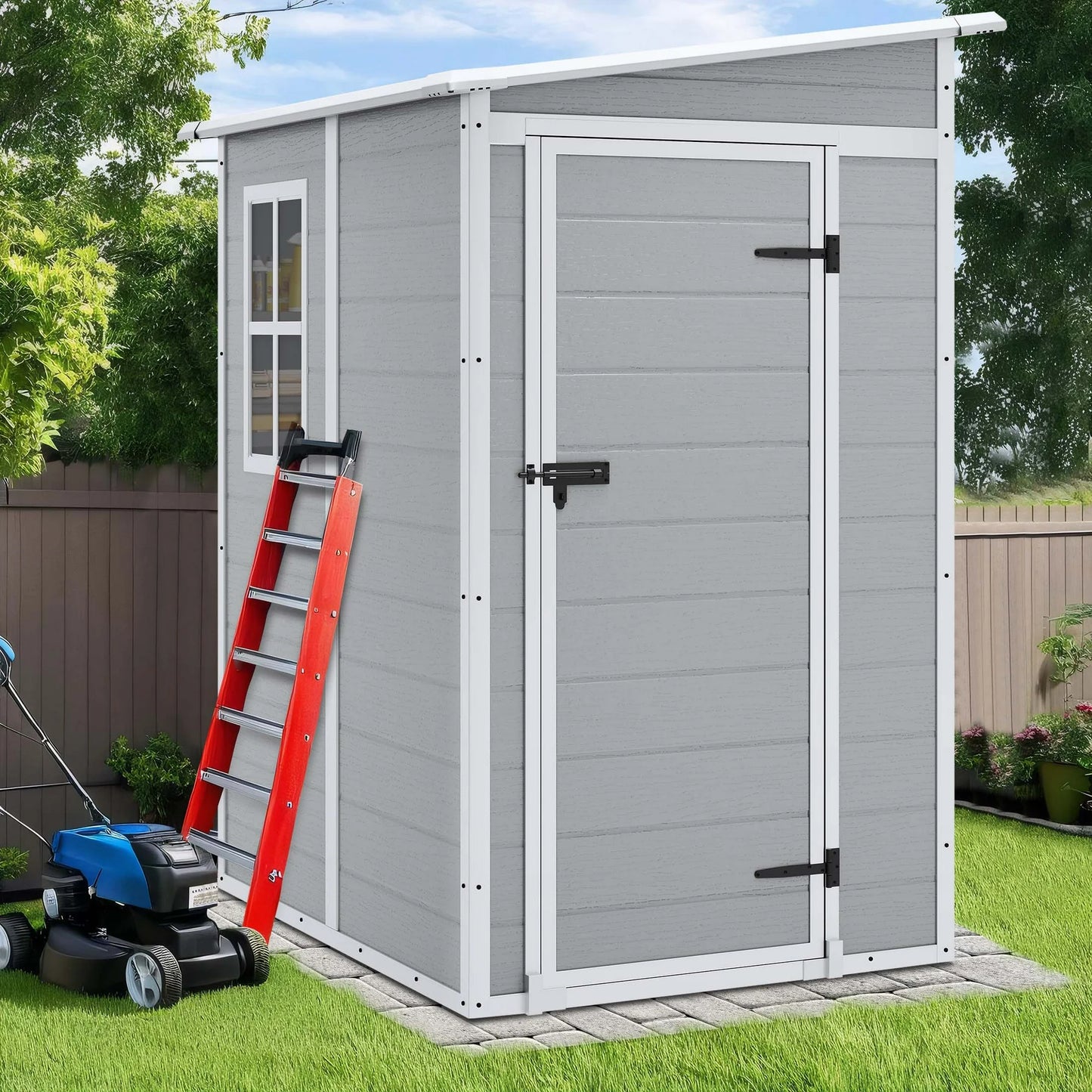 5ft x 4ft Resin Outdoor Storage Shed, SESSLIFE Large Platic Storage Shed with Floor and Lockable Door for Lawnmower, Garden Tools, Bike and Garbage Can, Waterproof Outside Storage Shed