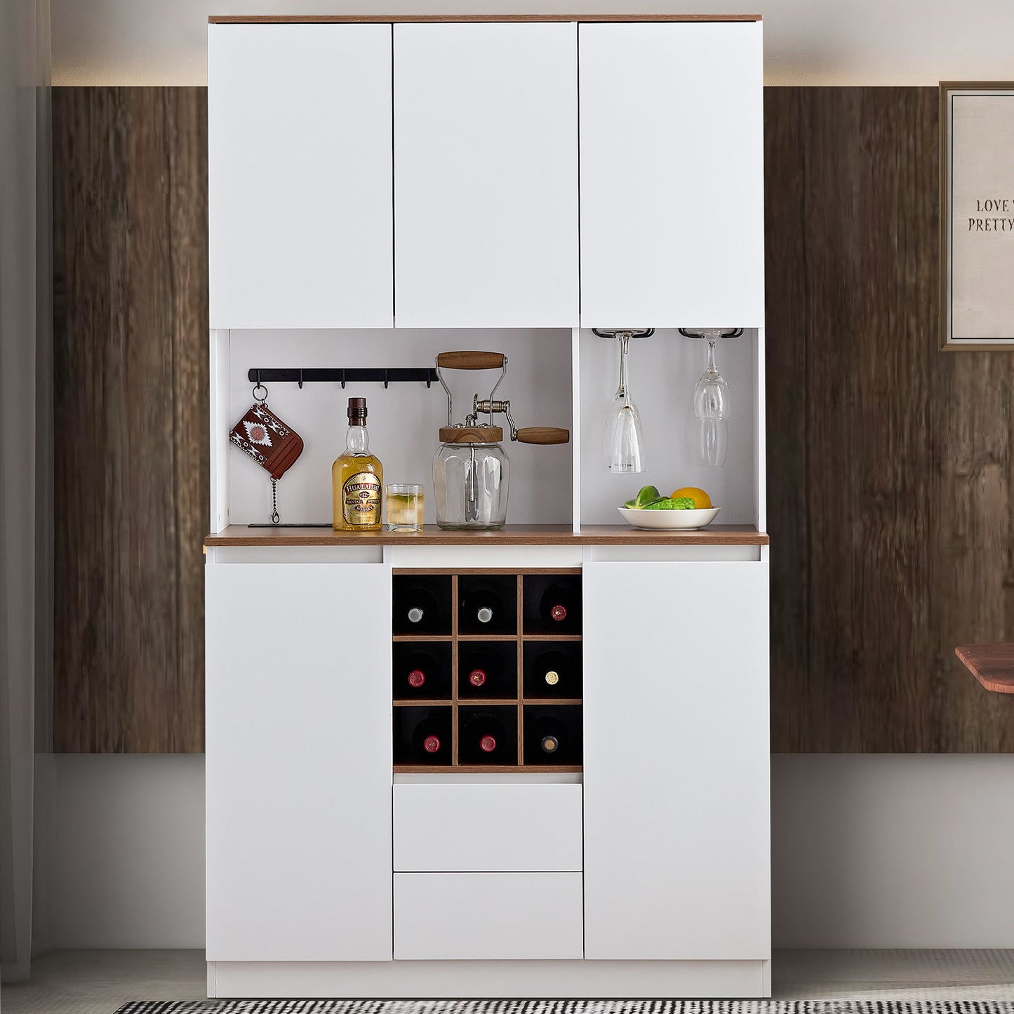 Bar Cabinet, Wood Kitchen Storage Cabinet with Doors and Drawers, Modern Liquor Cabinet with Wine Rack and Shelves, Coffee Bar Cabinet with Plugs and USB Ports for Home, Dining Room, White