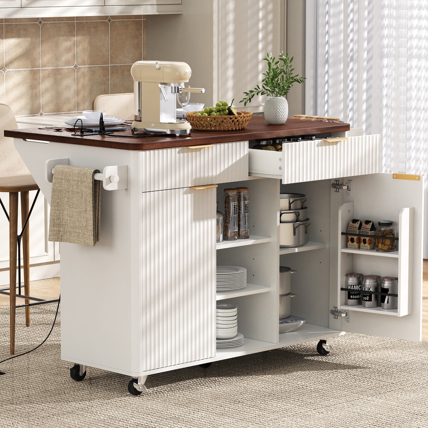 SESSLIFE 52” Fluted Kitchen Island Cart with Drop Leaf Tabletop, Built-in Power Outlet, Rolling Kitchen Storage Island with Adjustable Shelves, 2 Doors and 2 Drawers, Walnut Color Top, White