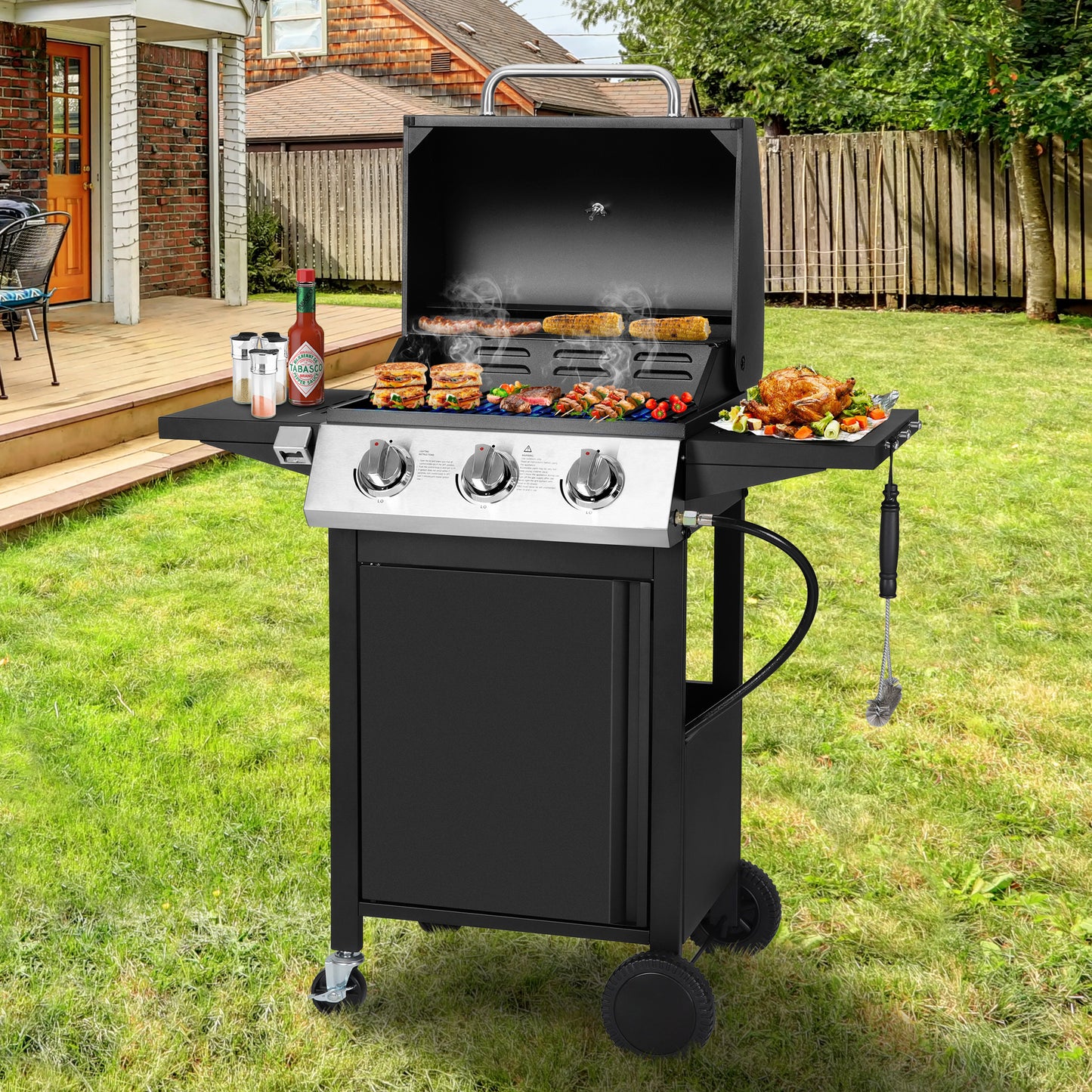 3 Burner Propane Gas Grill, 30,000 BTU Stainless Steel Barbecue Grill with Cleaning Brush and Thermometer, Outdoor Cooking BBQ Camping Grill