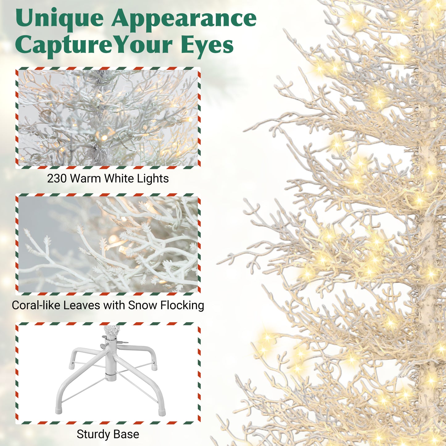 SESSLIFE 6FT Pre-lit Artificial Christmas Tree, Snow Flocked Coral Design with 420 Warm White LED Lights, Easy Assembly Hinged Tree for Home Holiday Decor, White