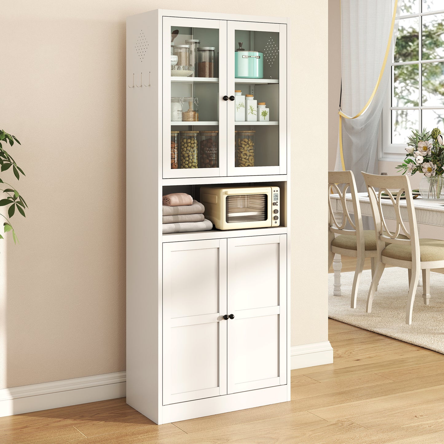 SESSLIFE 61" Modern Farmhouse Pantry Cabinet with Adjustable Shelves, Heavy-Duty White Metal Freestanding Organizer, Magnetic Closure and Anti-Tip for Kitchen/Pantry/Living Room