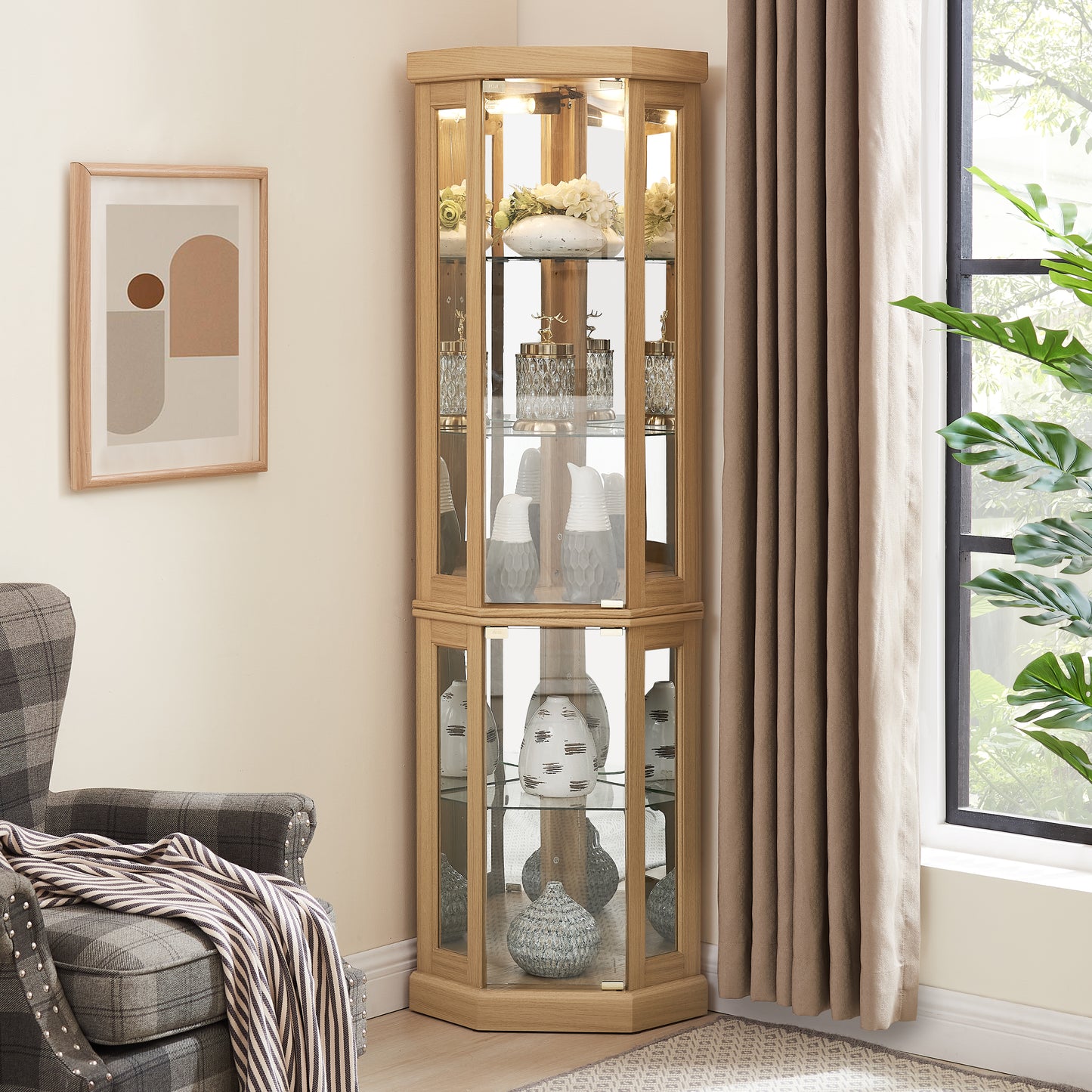 SESSLIFE 70" Lighted Corner Curio Cabinet with Mirrored Back, 5 Tempered Glass Shelves Adjustable, Anti-Tip Device Tall Glass Display Cabinet for Collectibles, Easy Assembly, White