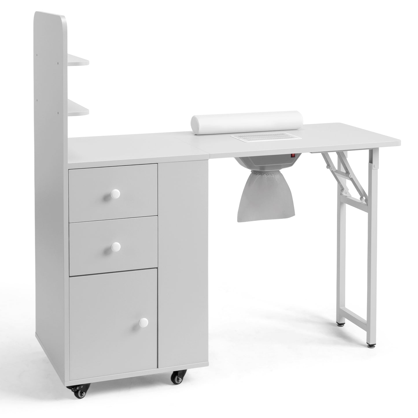 SESSLIFE Mobile Vanity Desk with 2 Drawers, Foldable Manicure Station with Cabinet Door and Storage Shelf, Portable Nail Tech Table for Home Salon and Professional Use, White