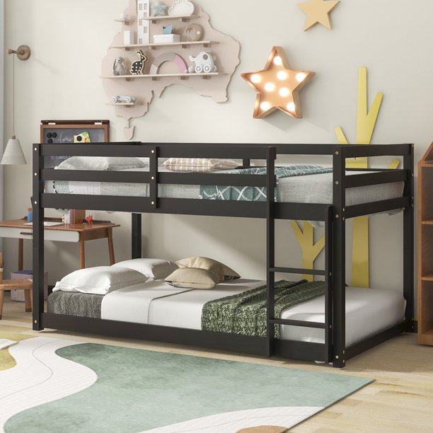 Sesslife Twin Over Twin Bunk Bed with Ladder, Solid Wood Floor Bunk Bed Frame with Slat & Guardrail, Espresso Platform Bed for Boys Girls Bedroom