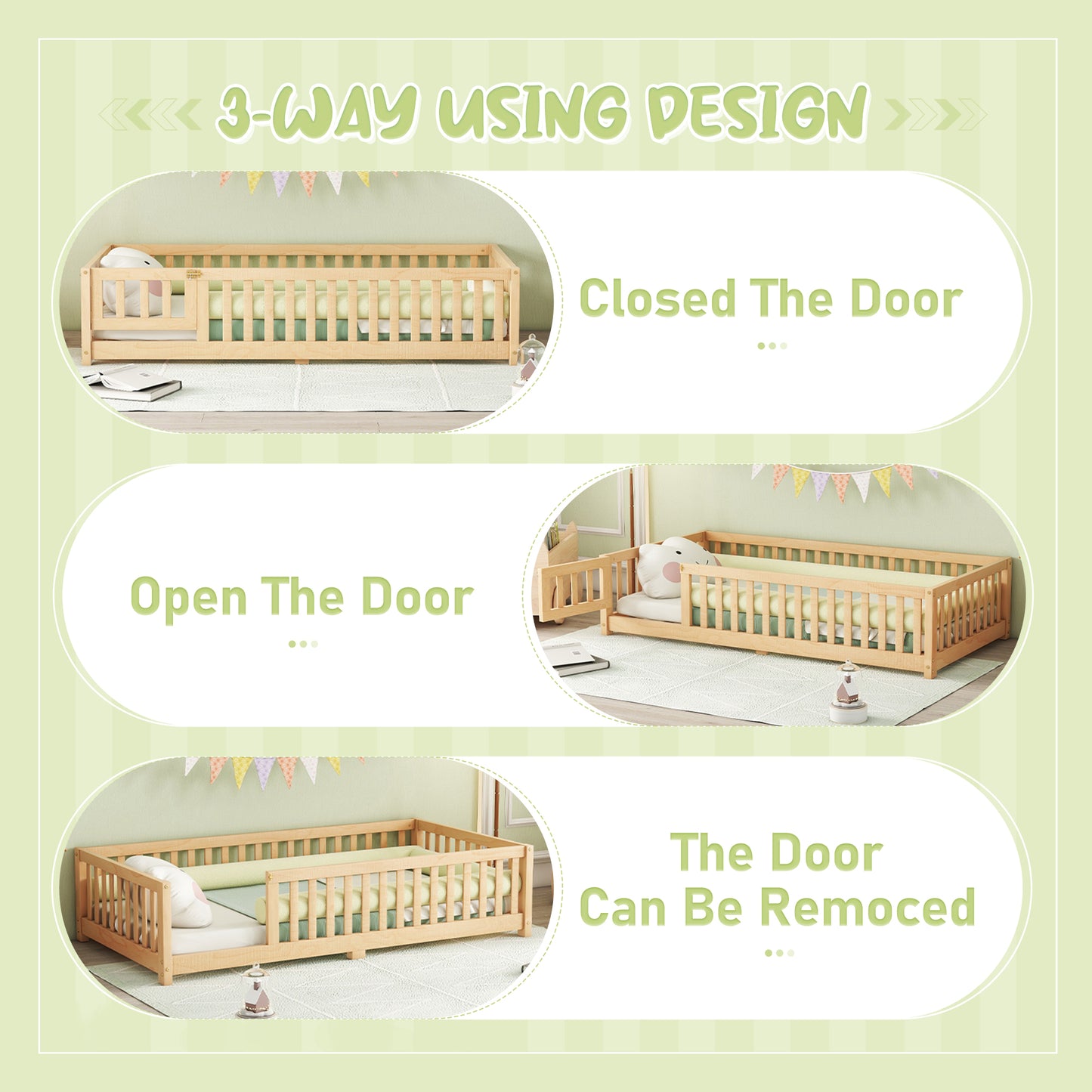 SESSLIFE Twin Size Floor Bed with Fence and Door, Wood Toddler Bed with Safety Guardrails and Slats, Montessori Bed, Twin Bed Frame for Kids, Boys, Girls, No Box Spring Needed, White