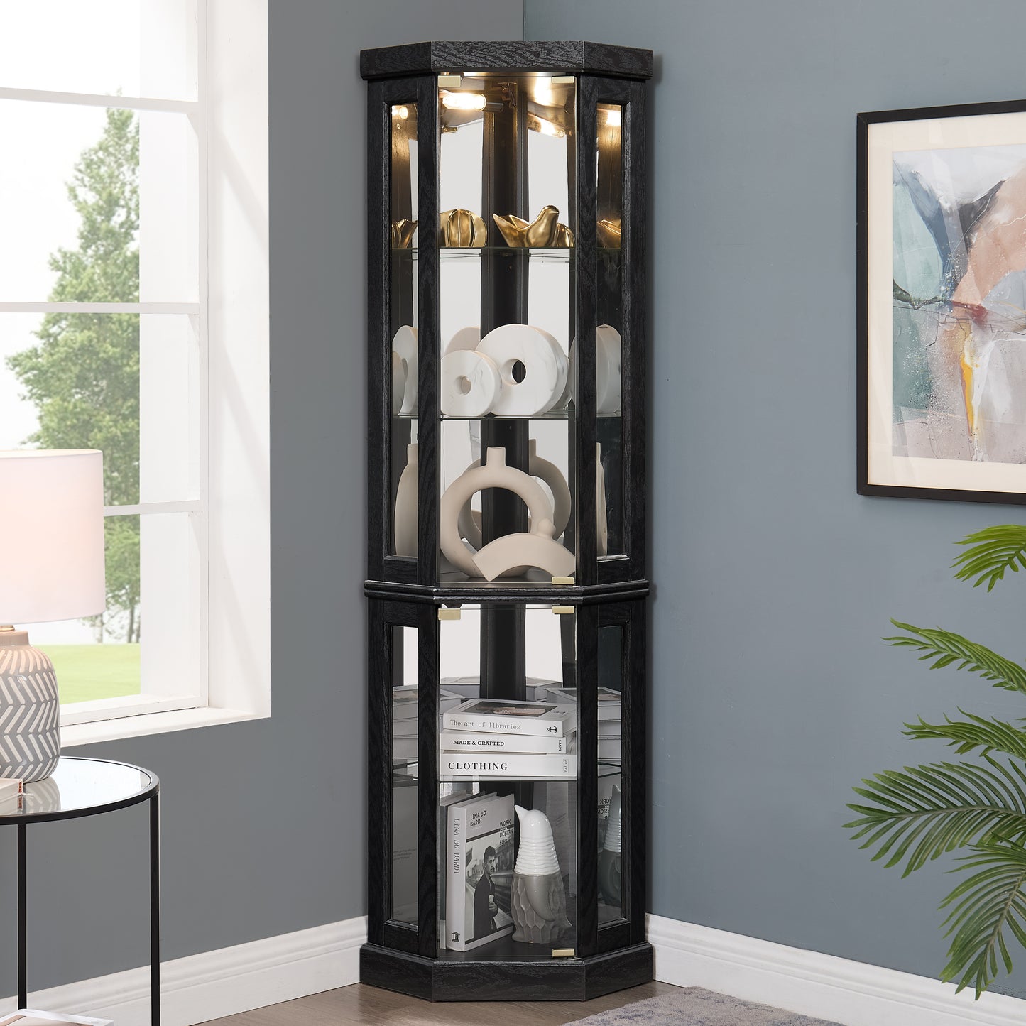 SESSLIFE 70" Lighted Corner Curio Cabinet with Mirrored Back, 5 Tempered Glass Shelves Adjustable, Anti-Tip Device Tall Glass Display Cabinet for Collectibles, Easy Assembly, Black