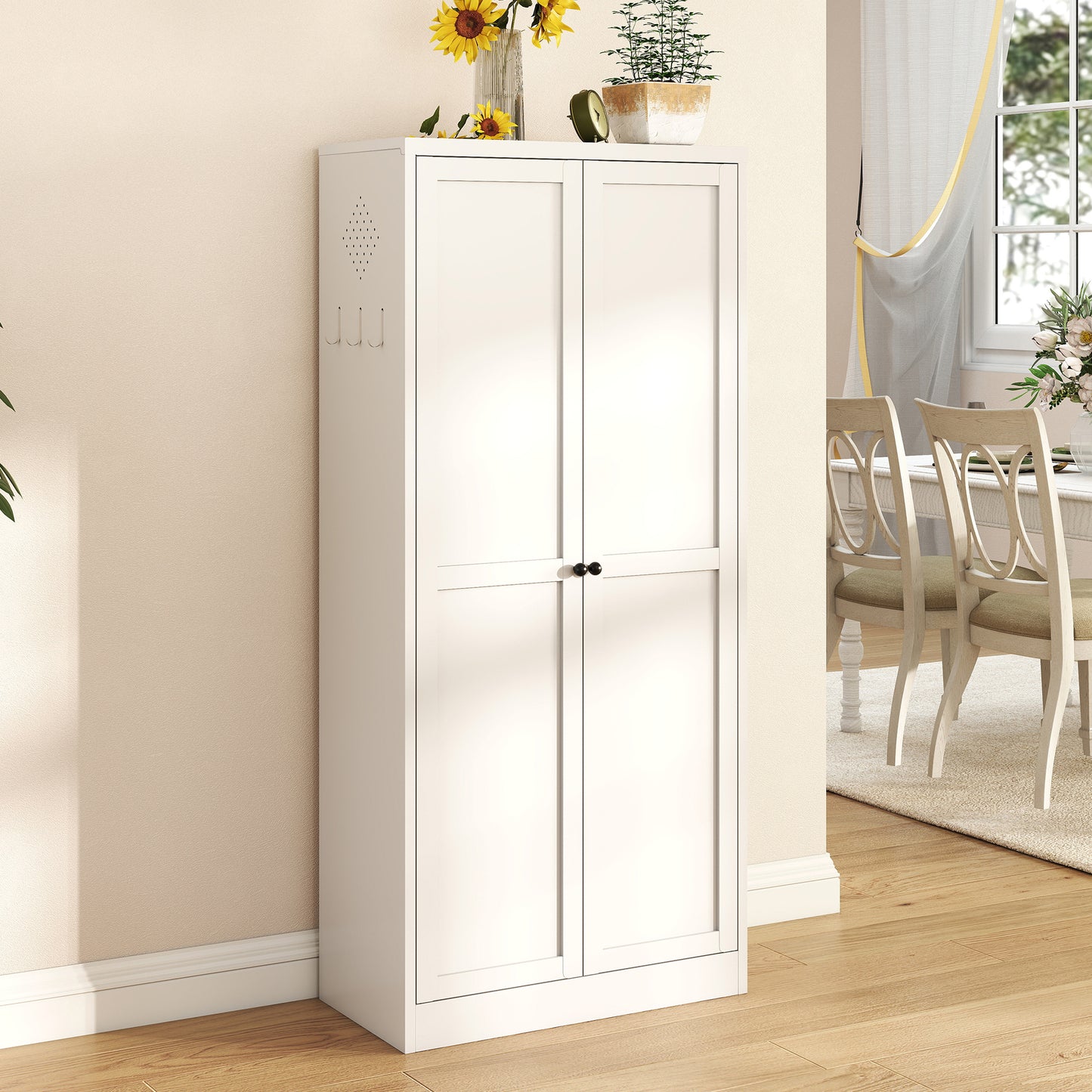 SESSLIFE 61" Modern Farmhouse Pantry Cabinet with Adjustable Shelves, Heavy-Duty White Metal Freestanding Organizer, Magnetic Closure and Anti-Tip for Kitchen/Pantry/Living Room