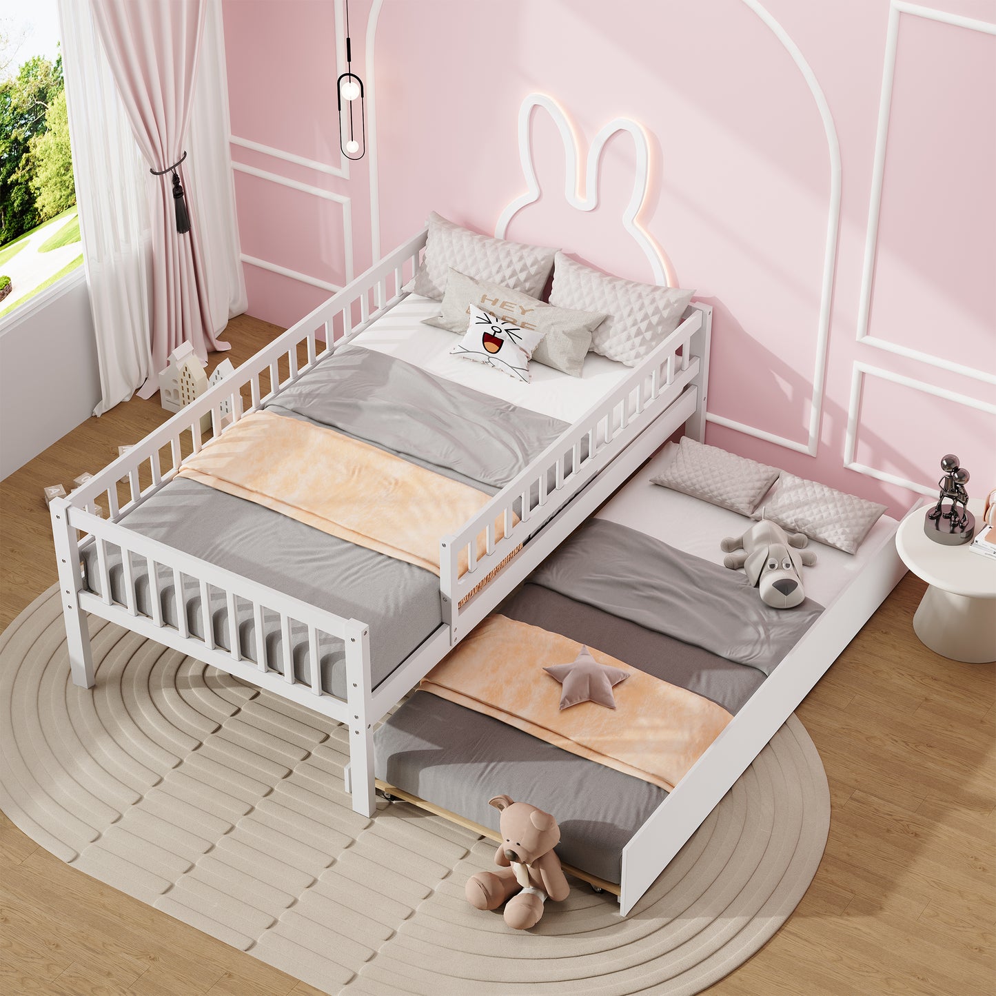 PORKISS Twin Bed Frame with Trundle and Fence Guardrails, Wood Platform Bed for Boys Girls, No Box Spring Needed, Gray