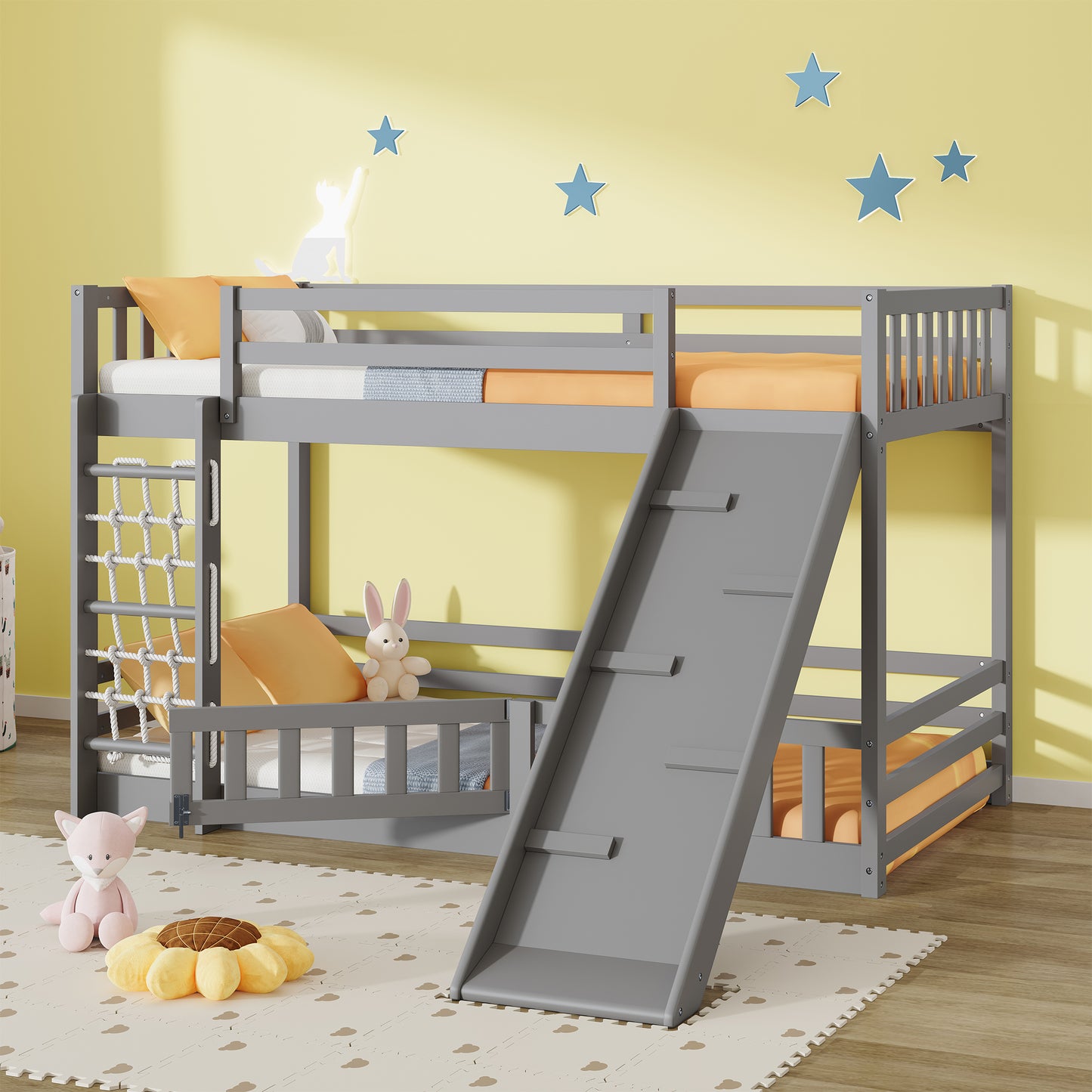 PORKISS Bunk Bed Twin over Twin with Climbing Nets and Climbing Ramp, Kids Low Floor Bunk Bed, Solid Wood Bed Frame, White